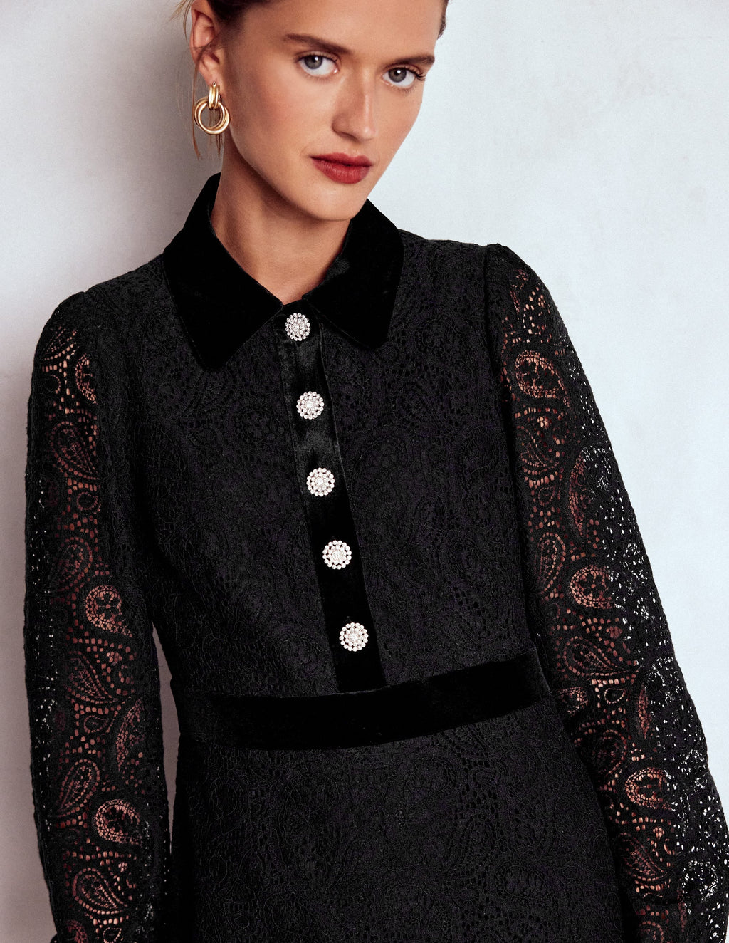 Collar Button Lace Dress-Black