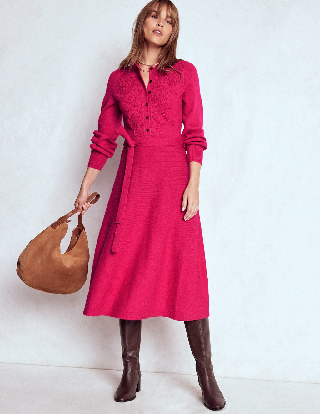 Lace Insert Knitted Midi Dress-Vibrant Pink