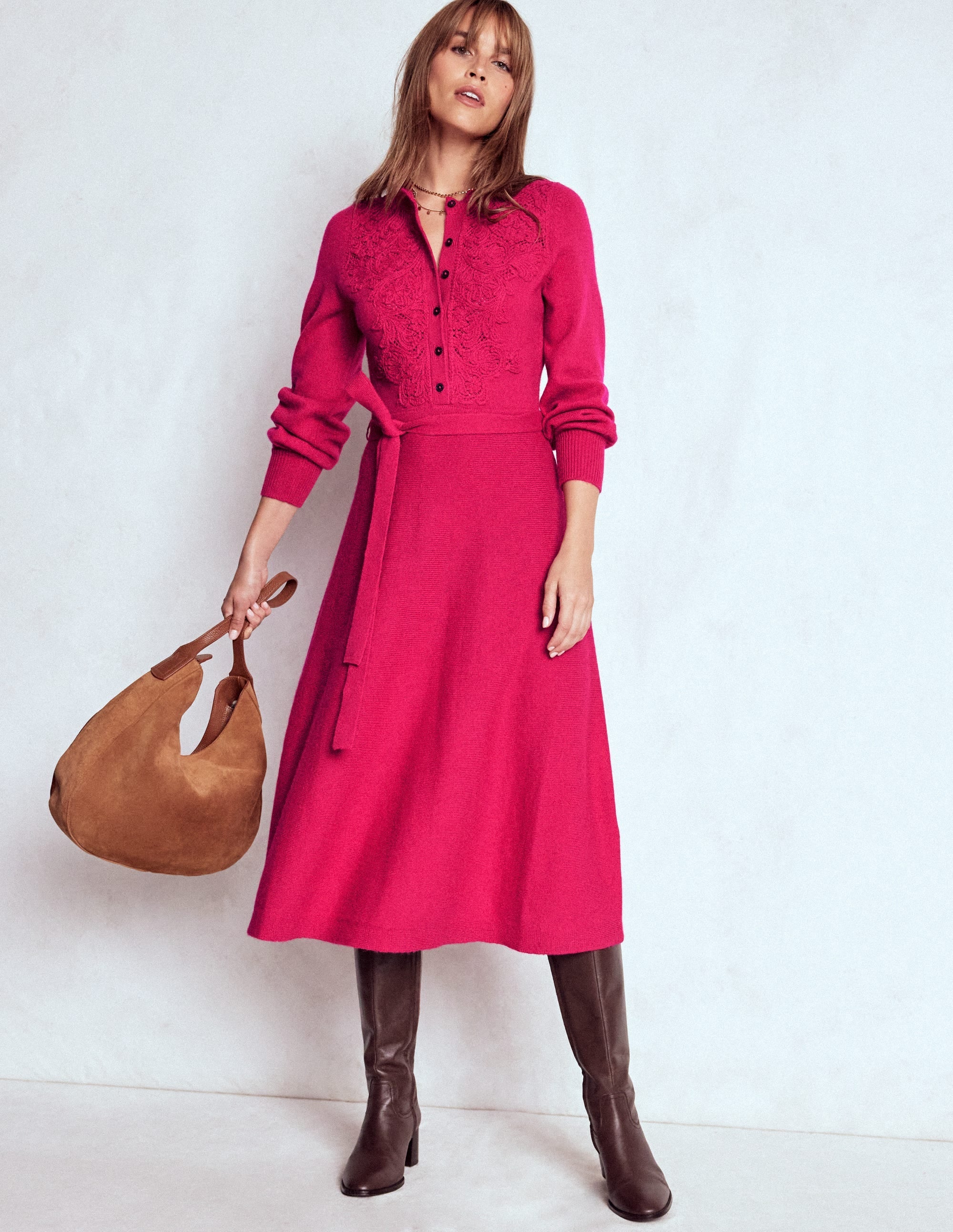 Lace Insert Knitted Midi Dress-Vibrant Pink
