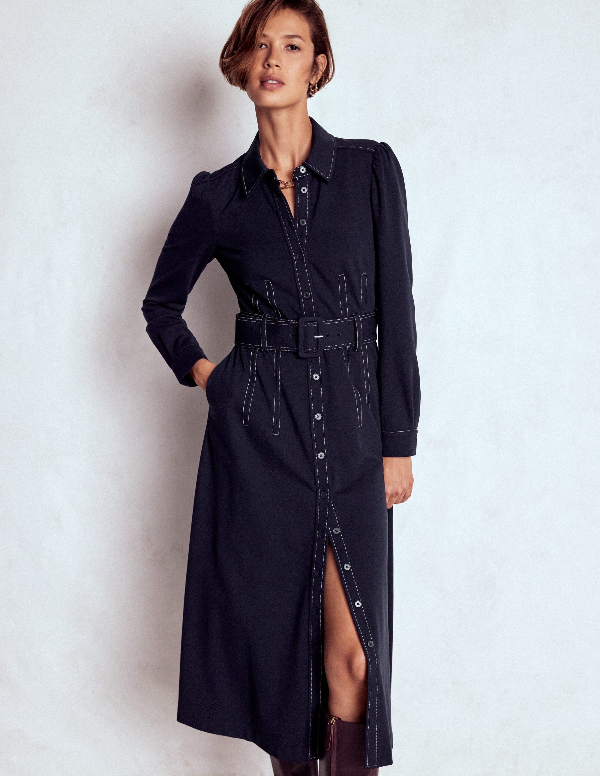 Anita Long Sleeve Shirt Dress-Navy