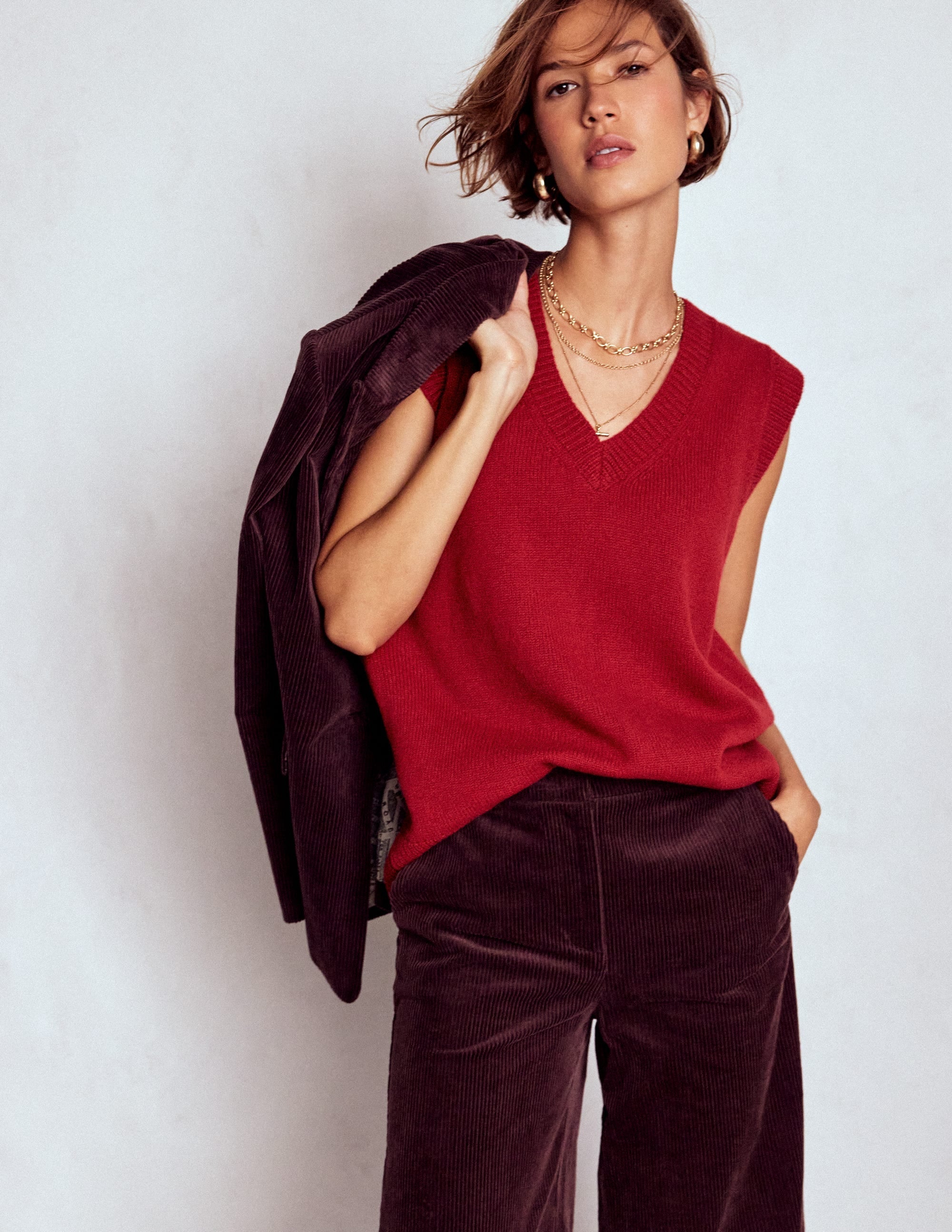 Marion Merino V-Neck Vest-Crimson Red