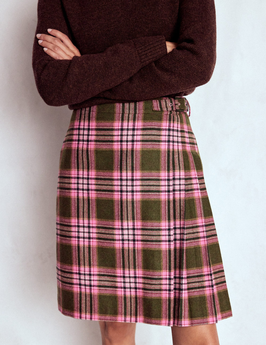 Helen Wool Kilt Skirt-Olive, Green and Pink Check