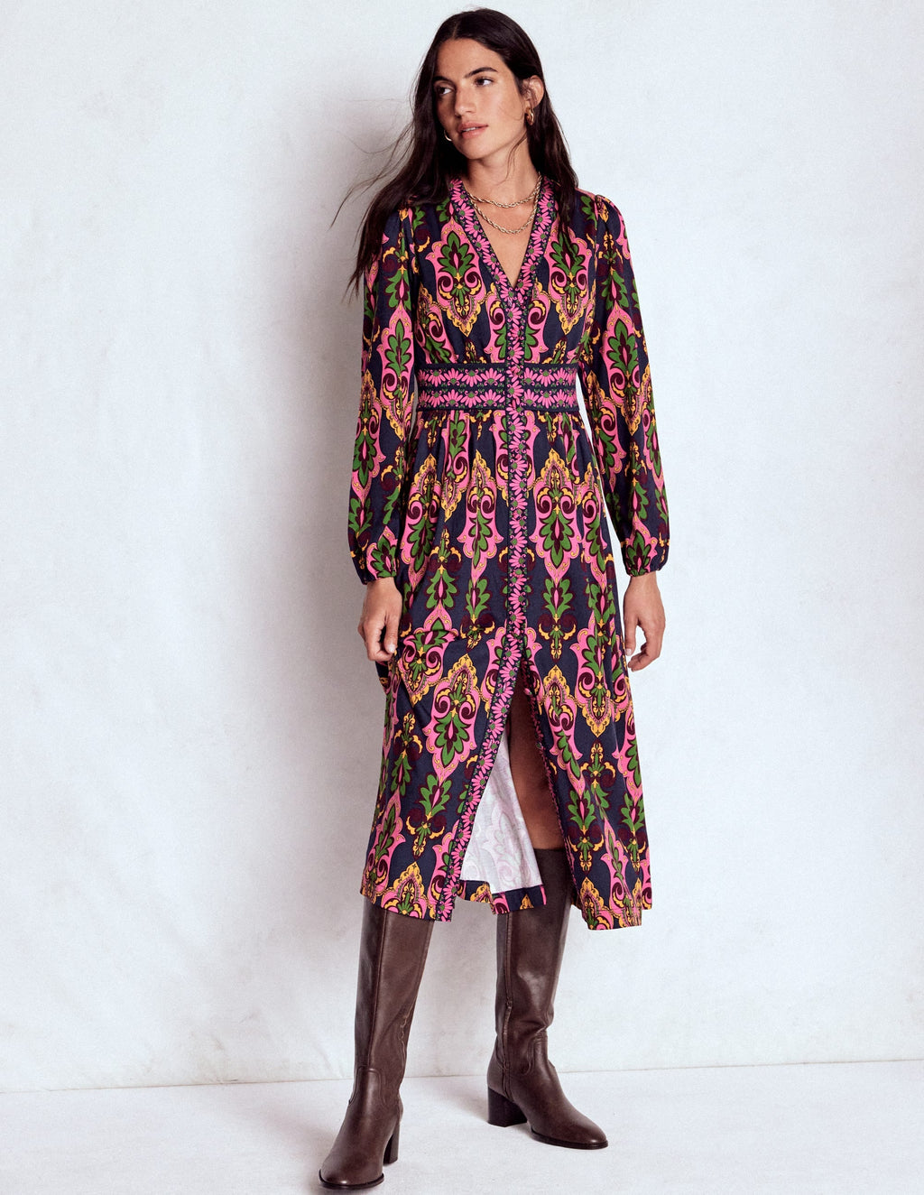 Natalia Long Sleeve Tea Dress-French Navy, Ornate Charm