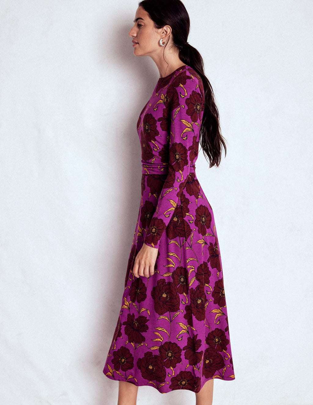 Ruched Jersey Midi Dress-Regal Purple, Peony Bloom