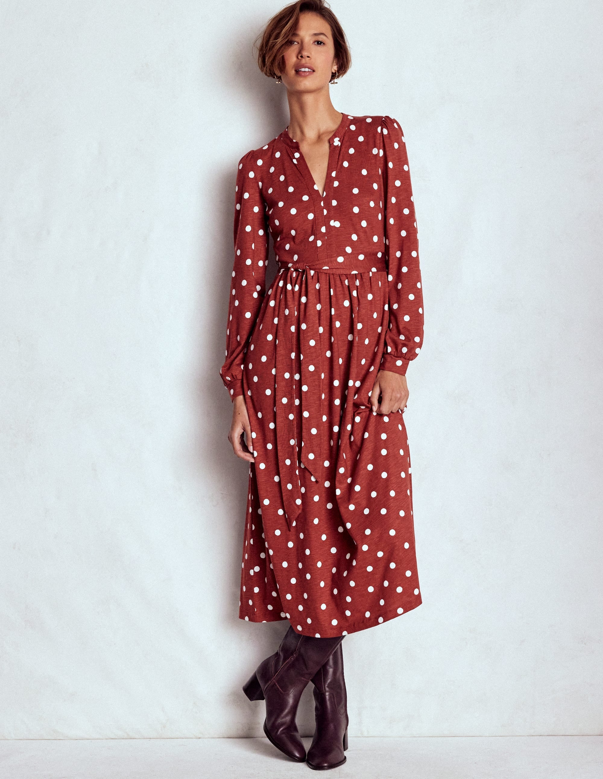 Naomi Long Sleeve Jersey Dress-Burnt Orange, Painted Dot