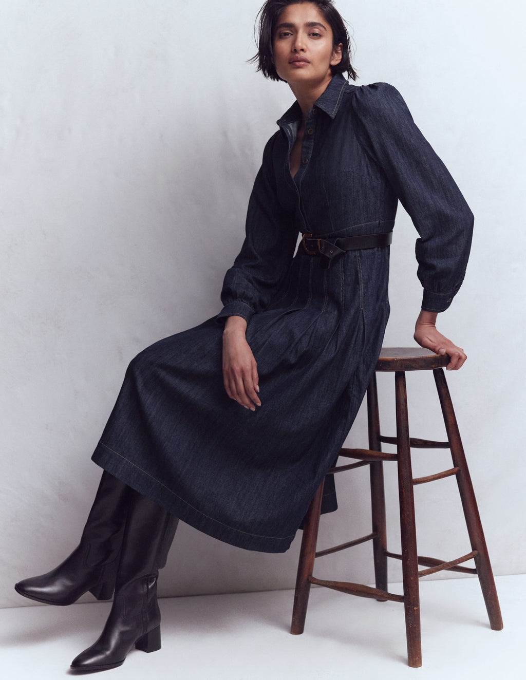 Pleat Skirt Denim Midi Dress-Indigo Wash