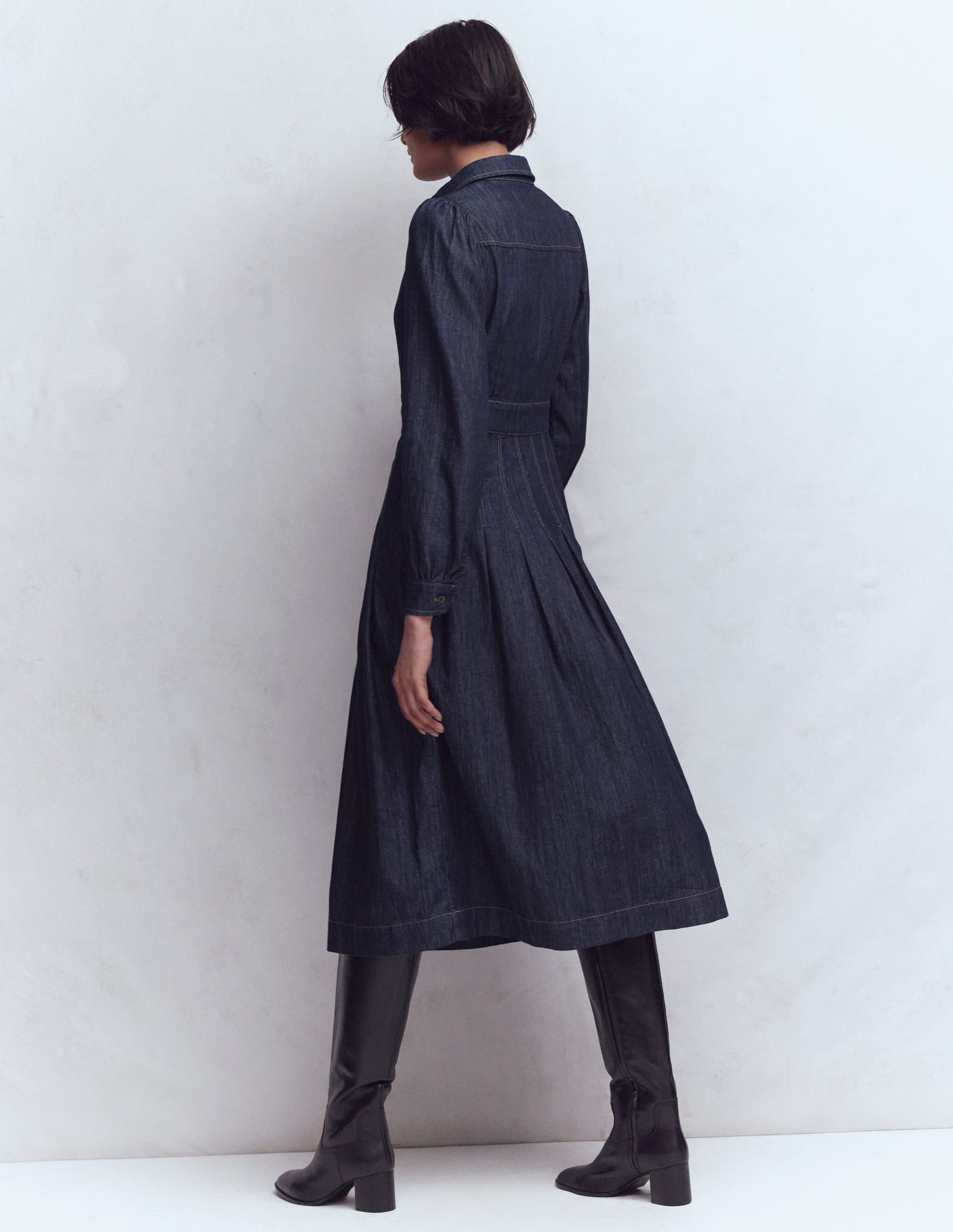 Pleat Skirt Denim Midi Dress-Indigo Wash