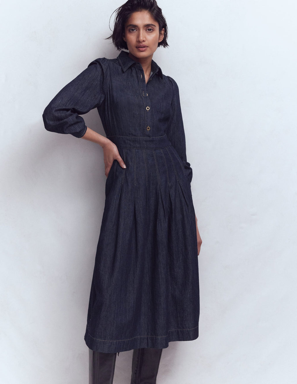 Pleat Skirt Denim Midi Dress-Indigo Wash