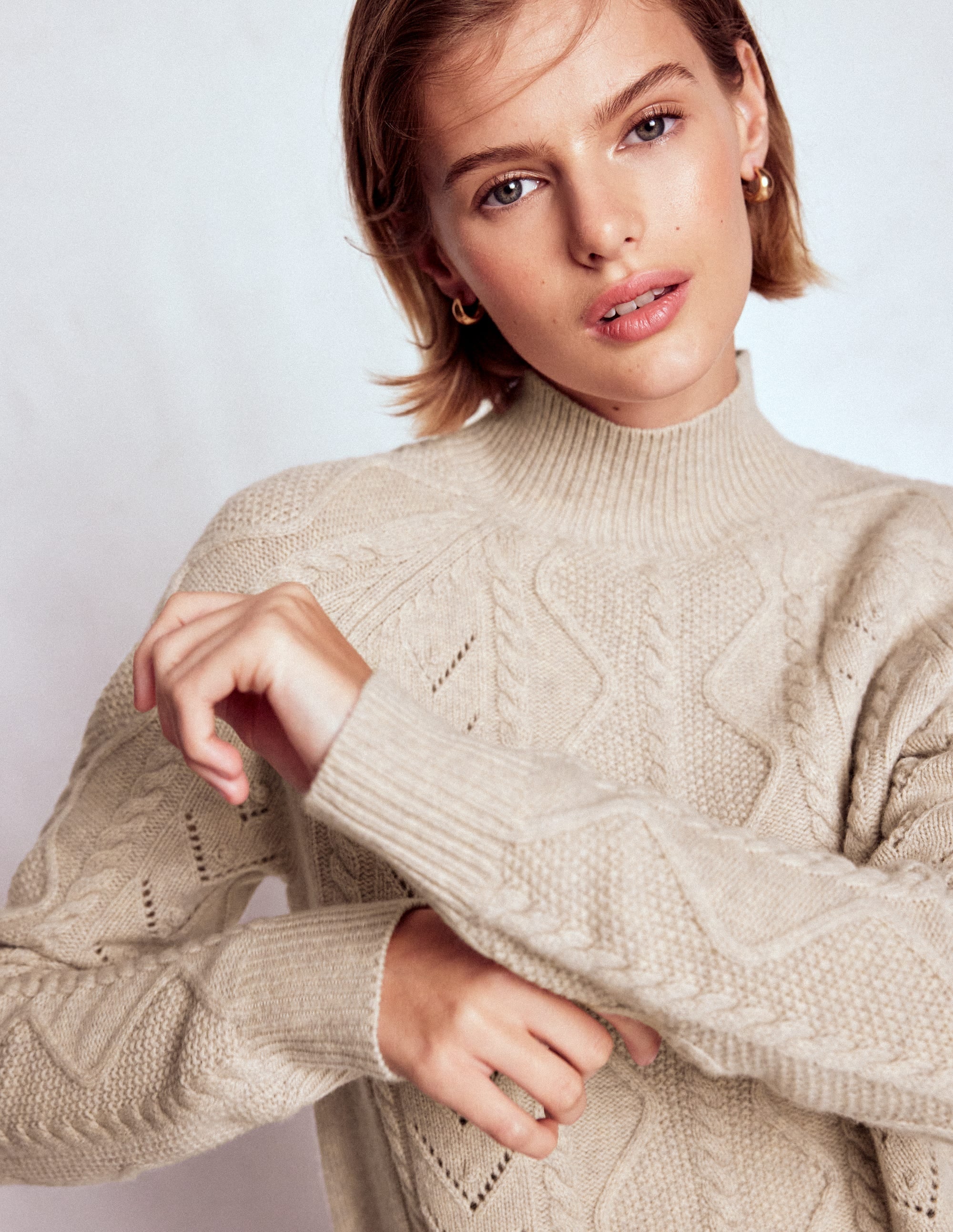 Marion Merino Rib Neck Sweater-Barley Cable
