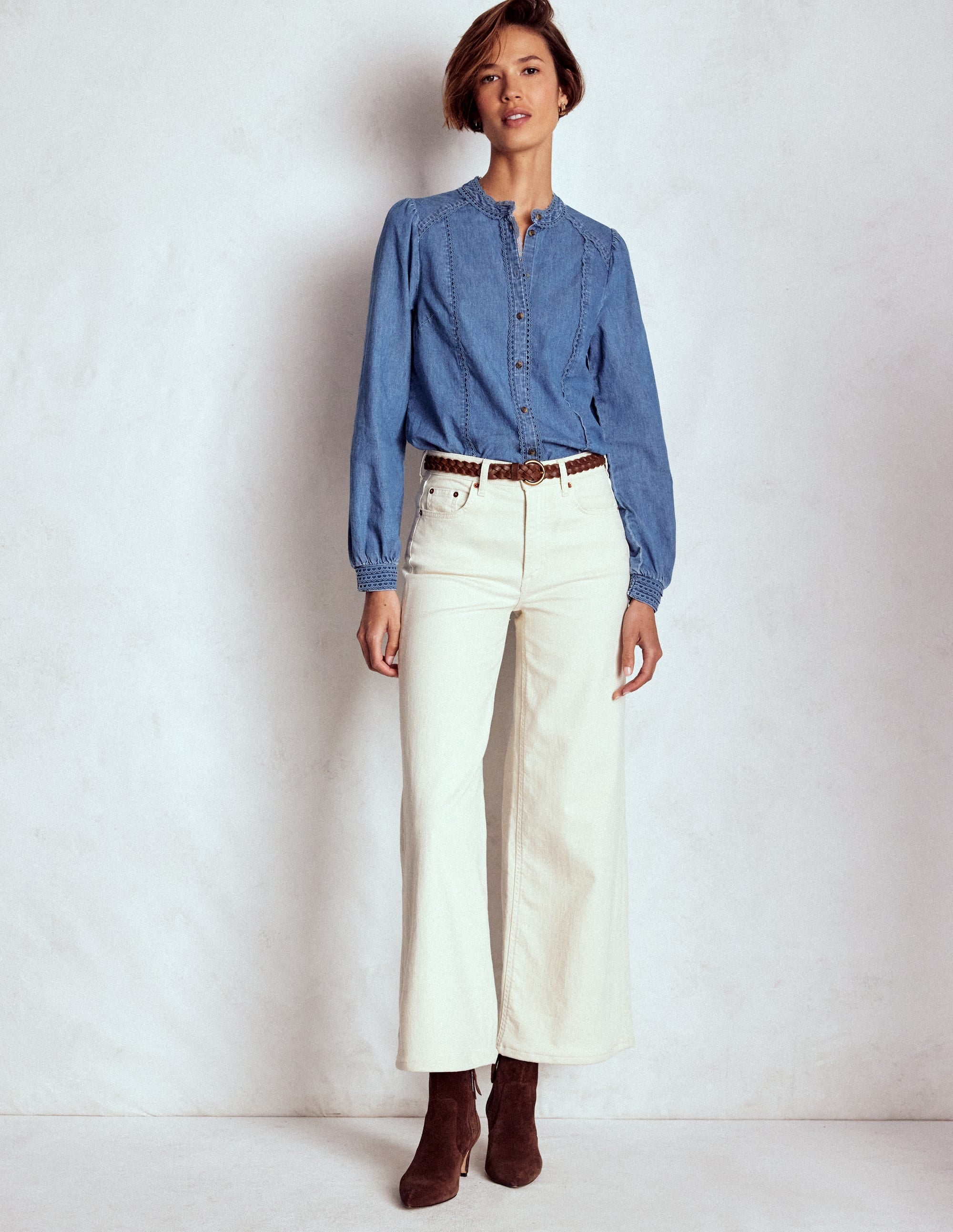 Rhea Trim Insert Denim Top-Light Vintage