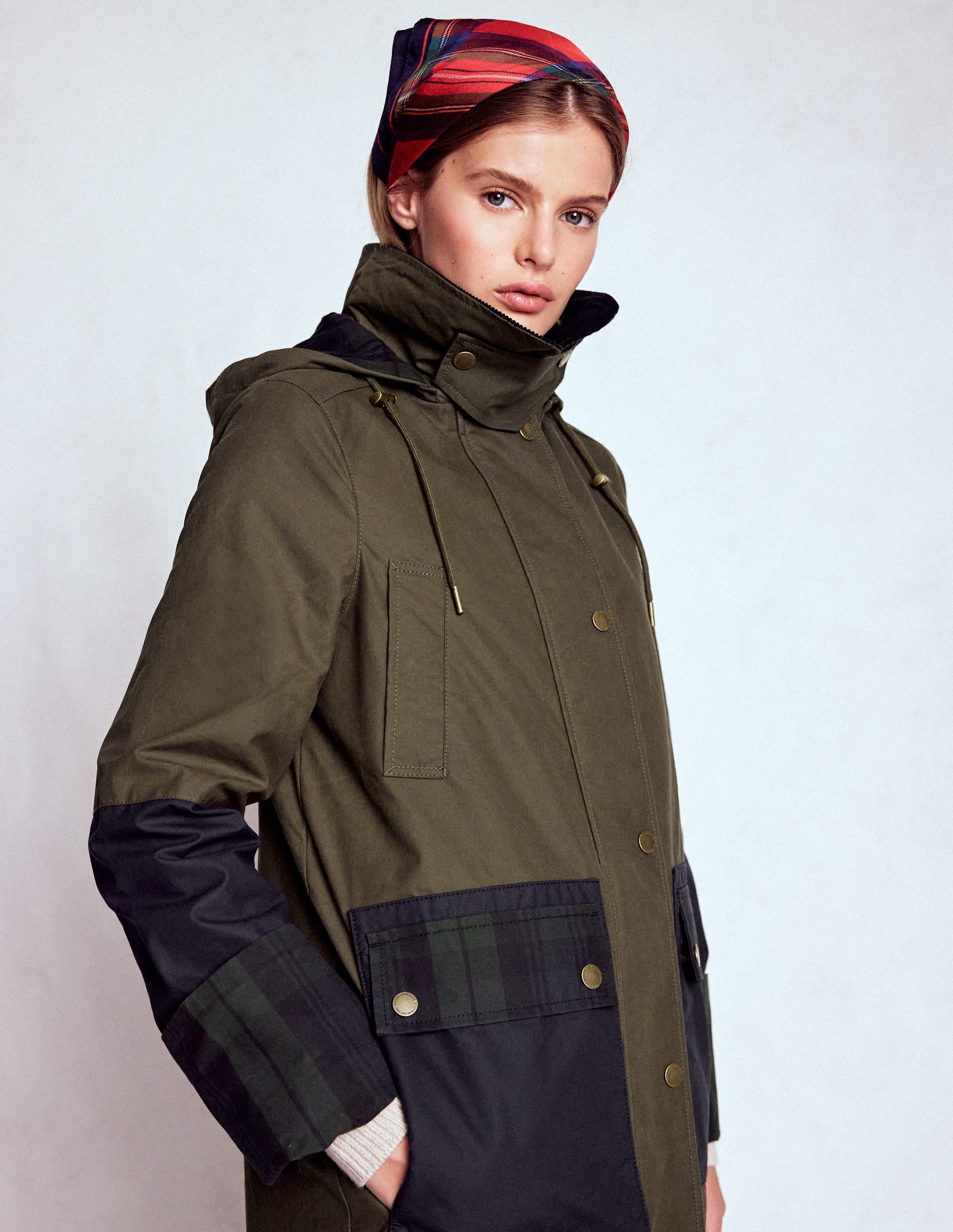 Longline Wax Coat-Navy Khaki Colourblock