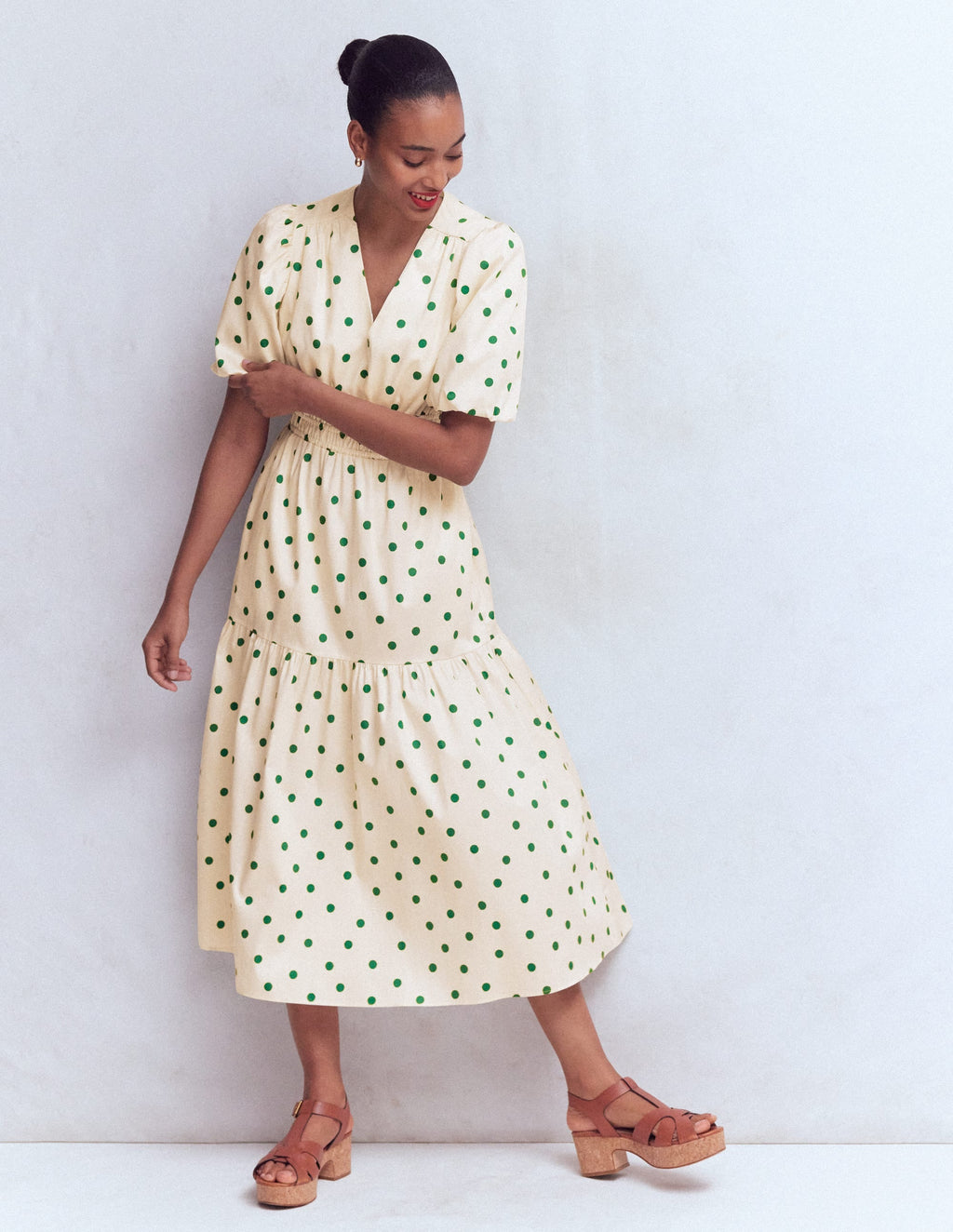 Irene Puff Sleeve Cotton Dress-Ivory Green Spot