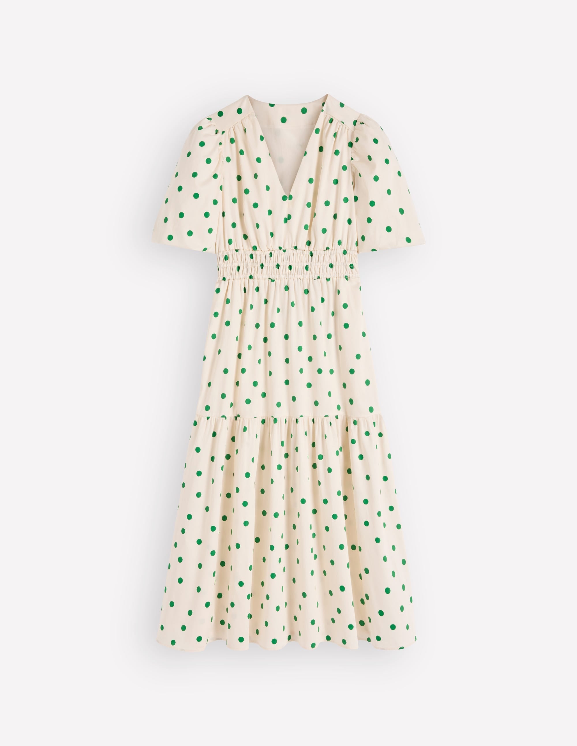 Irene Puff Sleeve Cotton Dress-Ivory Green Spot