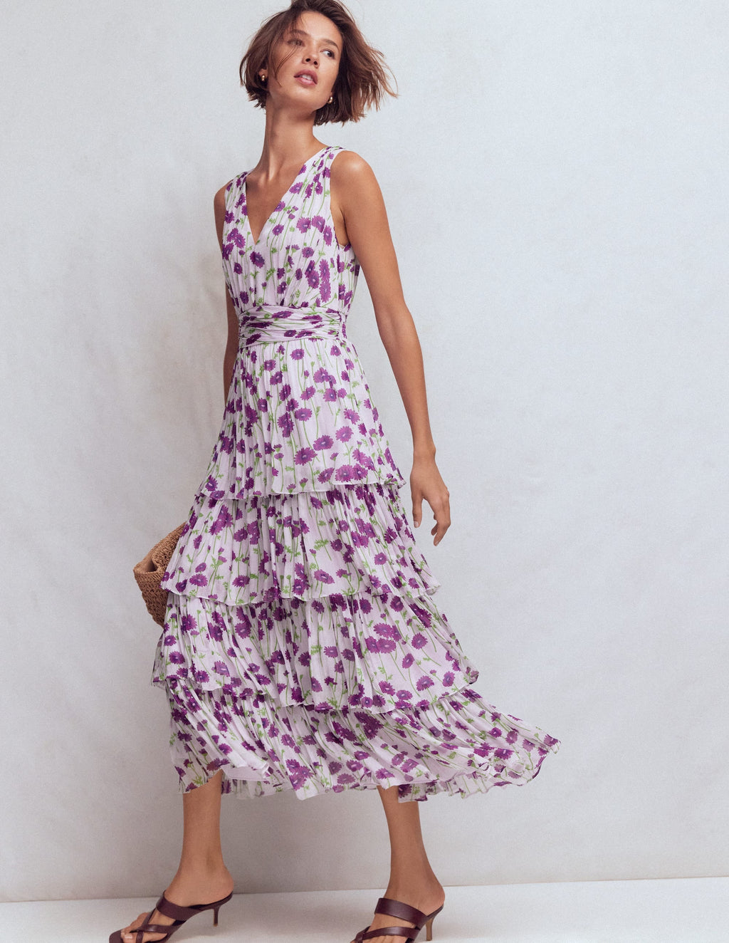 Tiered Sleeveless Dress-Purple Daisy Stems