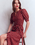 Puff Sleeve Ponte Shirt Dress-Red Pear, Painted Dot