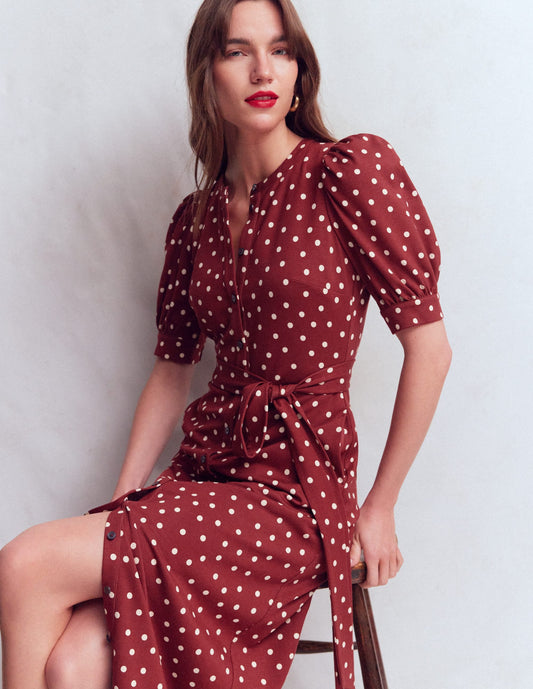 Puff Sleeve Ponte Shirt Dress-Red Pear, Painted Dot