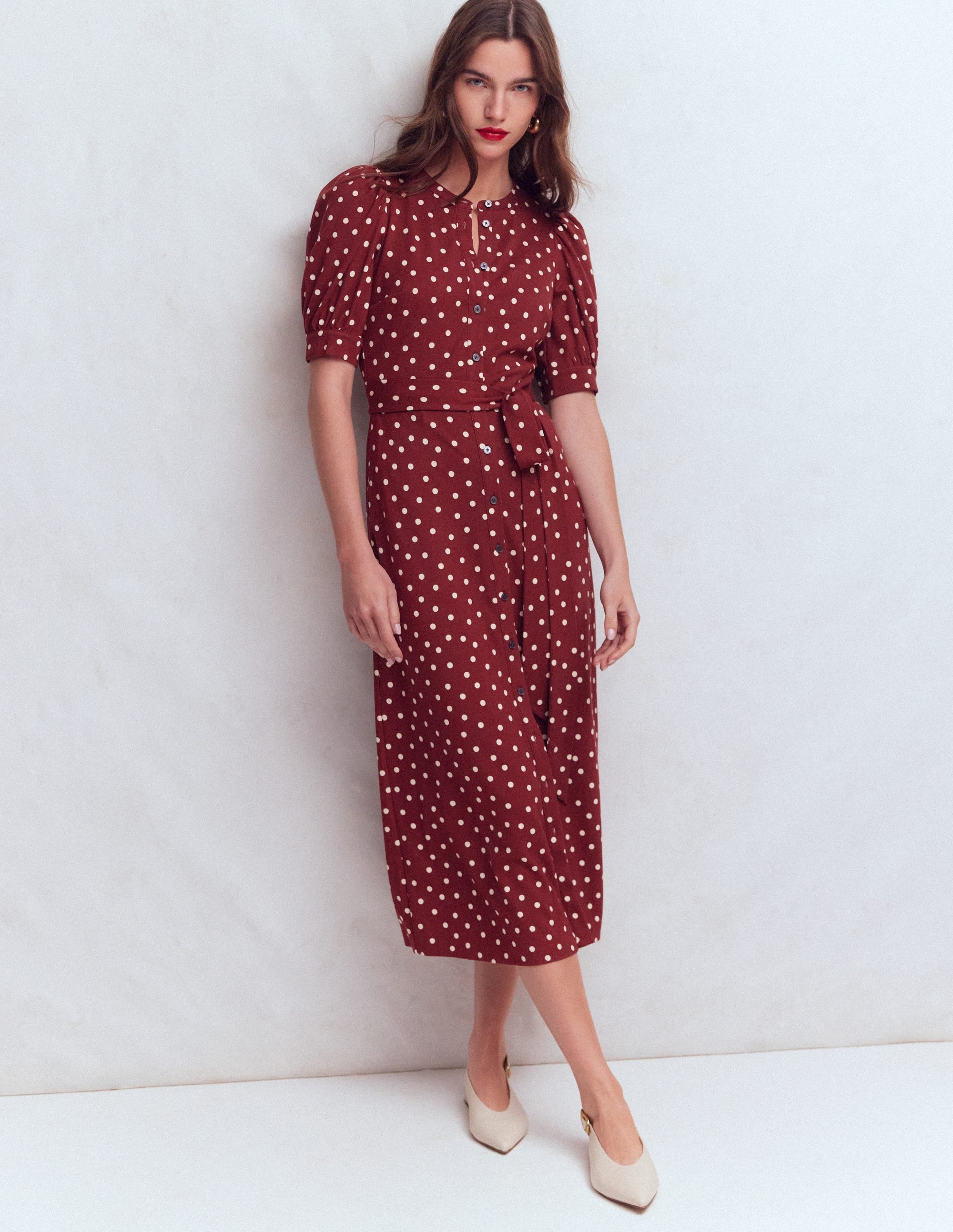 Puff Sleeve Ponte Shirt Dress-Red Pear, Painted Dot