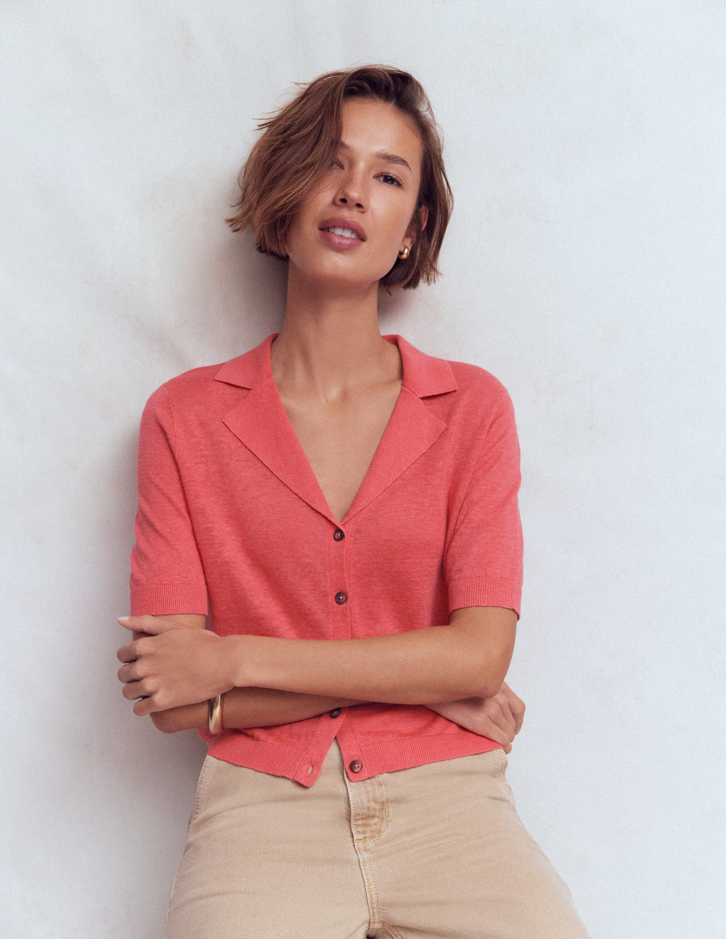 Agnes Collar Linen Cardigan-Coral