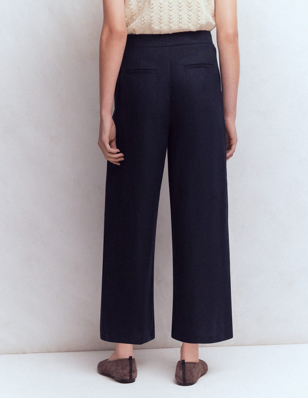 Pleated Linen Culotte-Navy