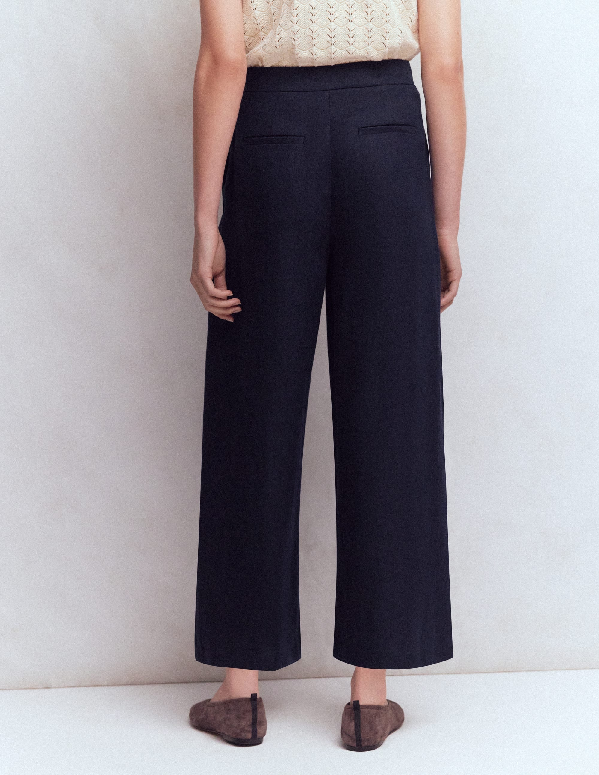 Pleated Linen Culotte-Navy