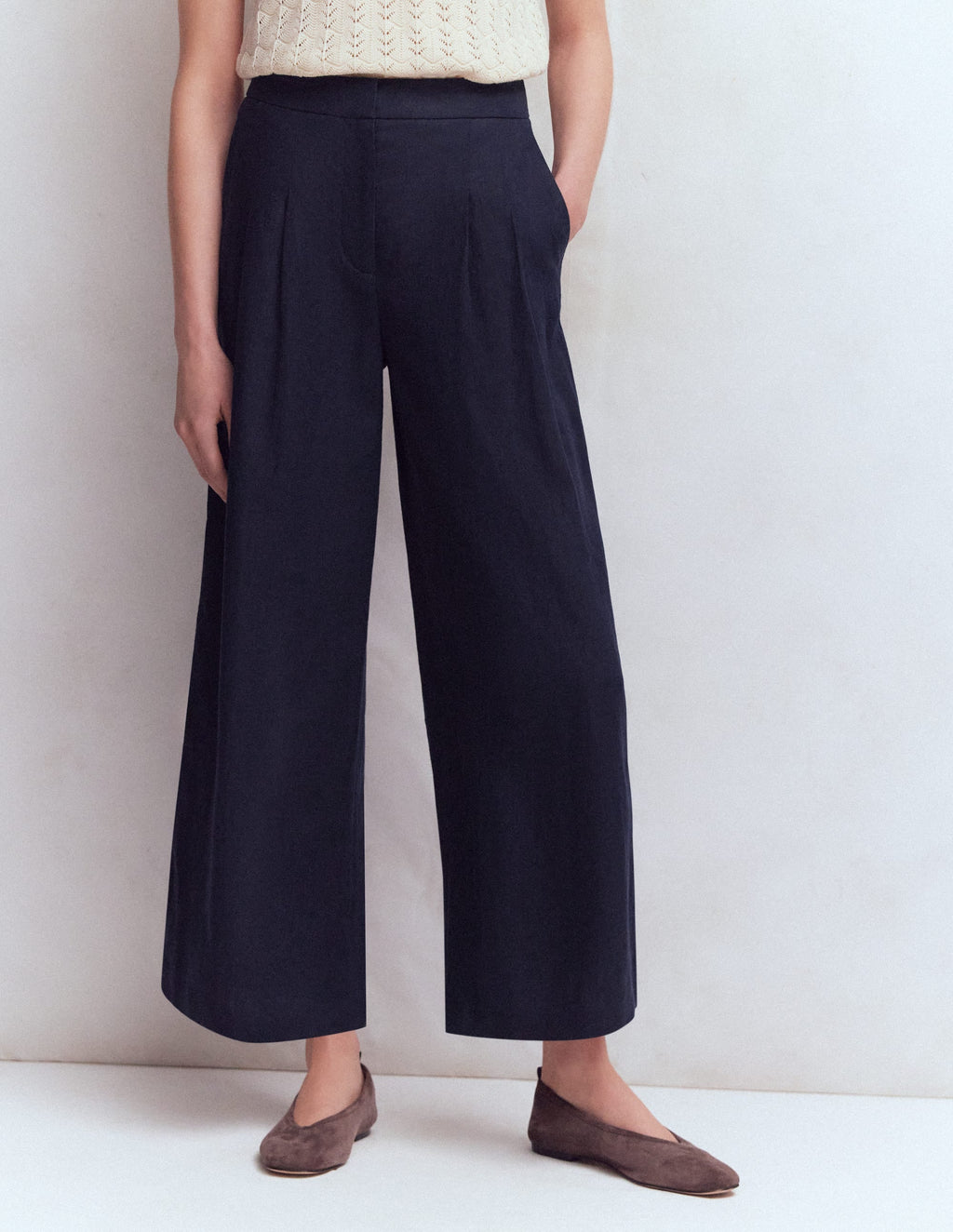 Pleated Linen Culotte-Navy