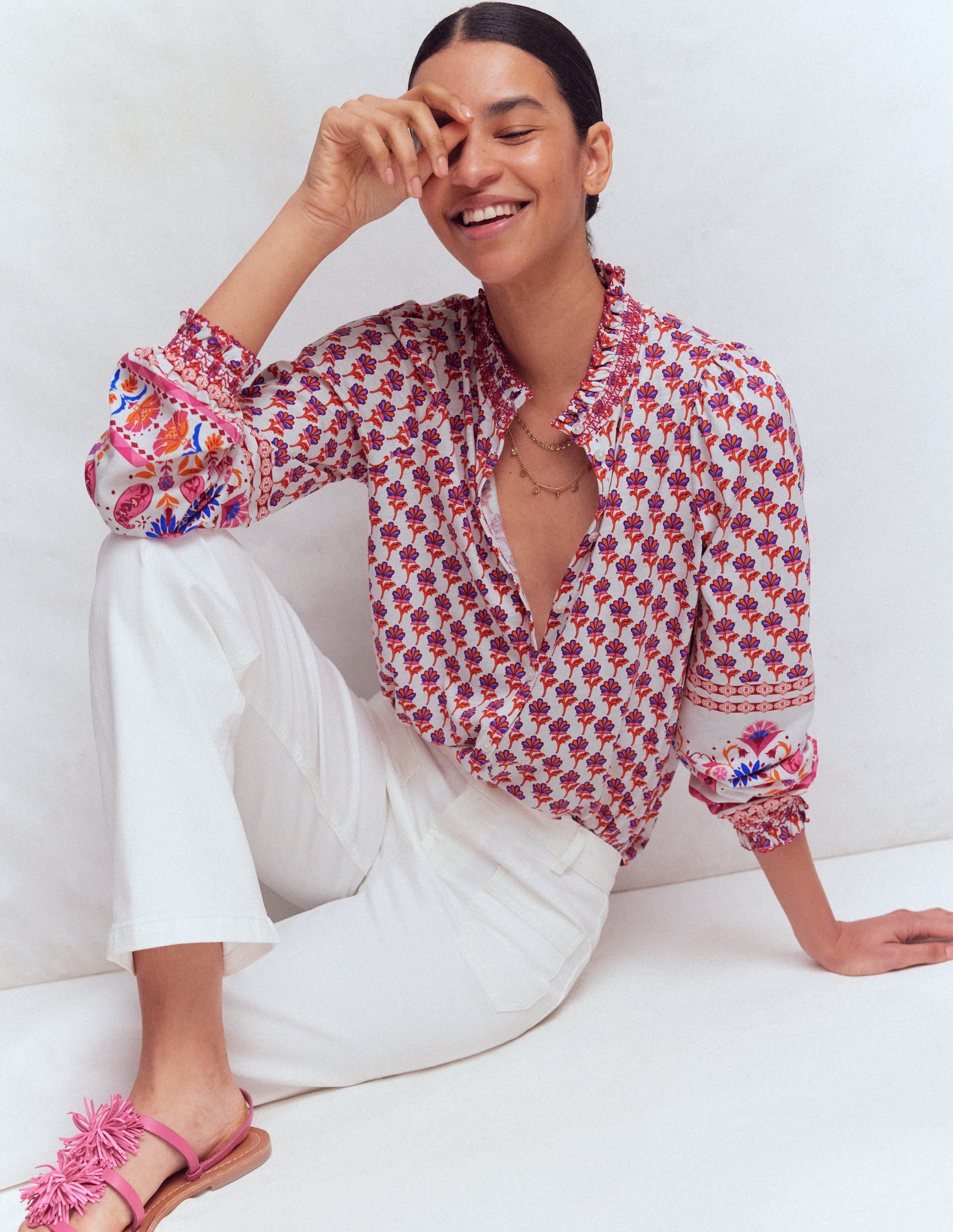 Effie Smocked Detail Shirt-Multi, Meadow Stamp Placement