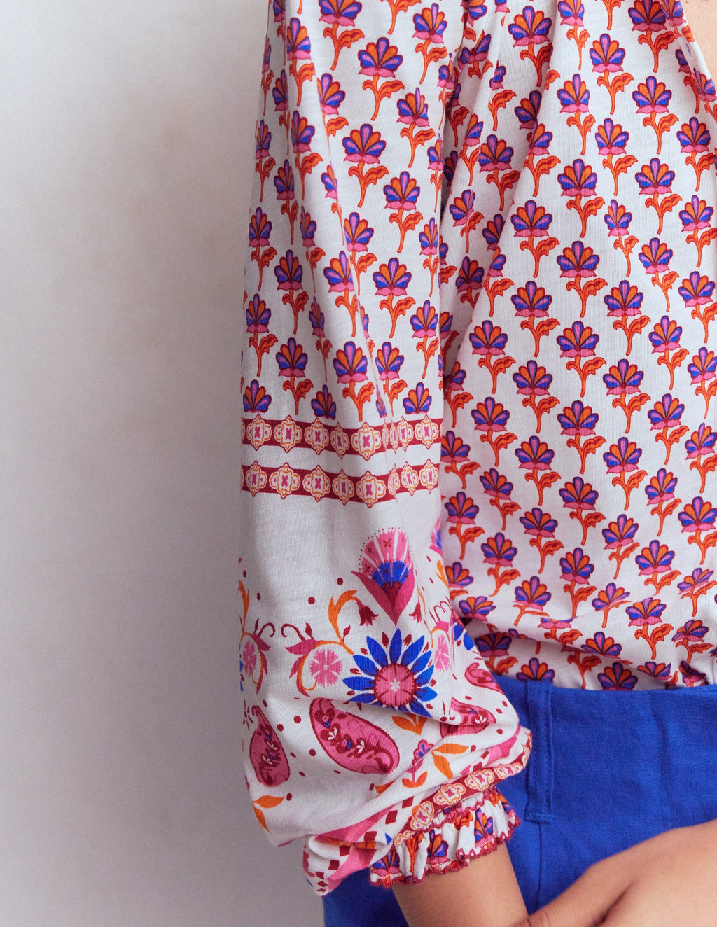 Effie Smocked Detail Shirt-Multi, Meadow Stamp Placement