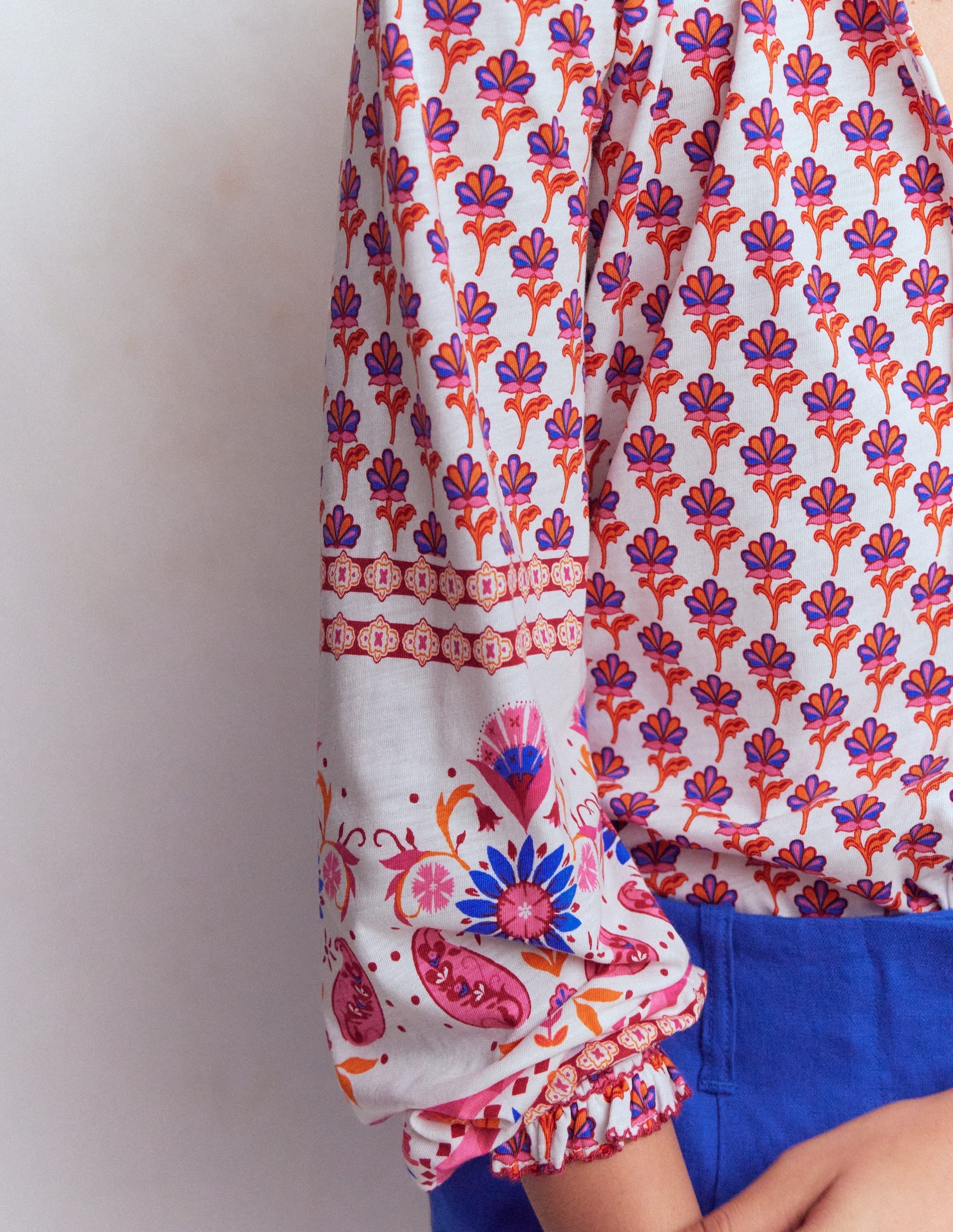 Effie Smocked Detail Shirt-Multi, Meadow Stamp Placement