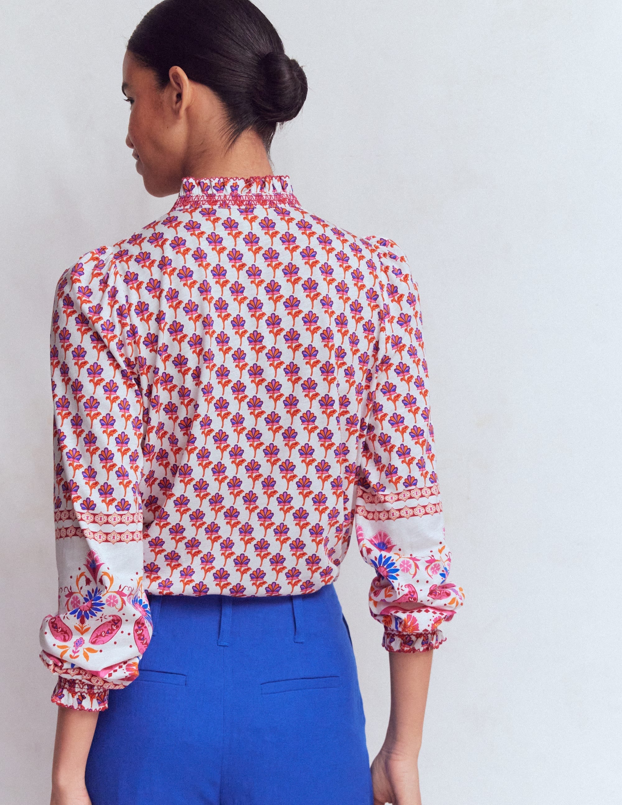 Effie Smocked Detail Shirt-Multi, Meadow Stamp Placement