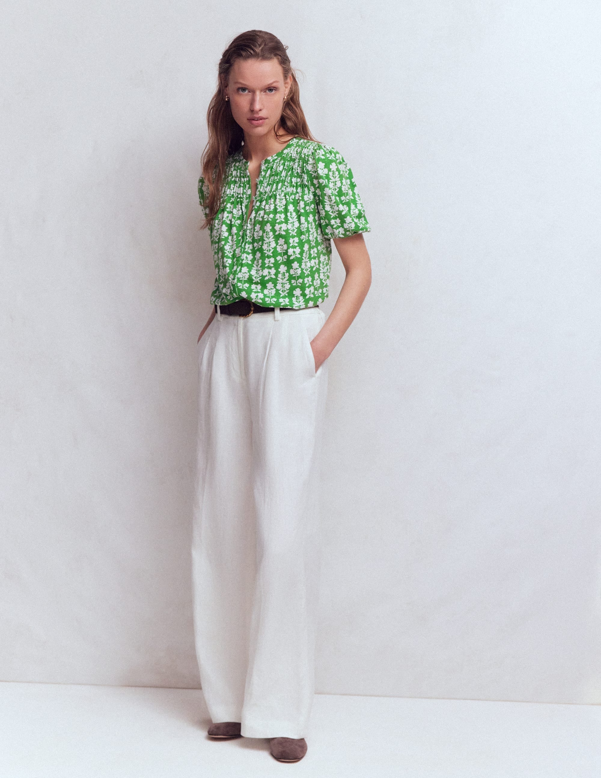 Mya Short Sleeve Smocked Shirt-Mint Green, Blossom grove