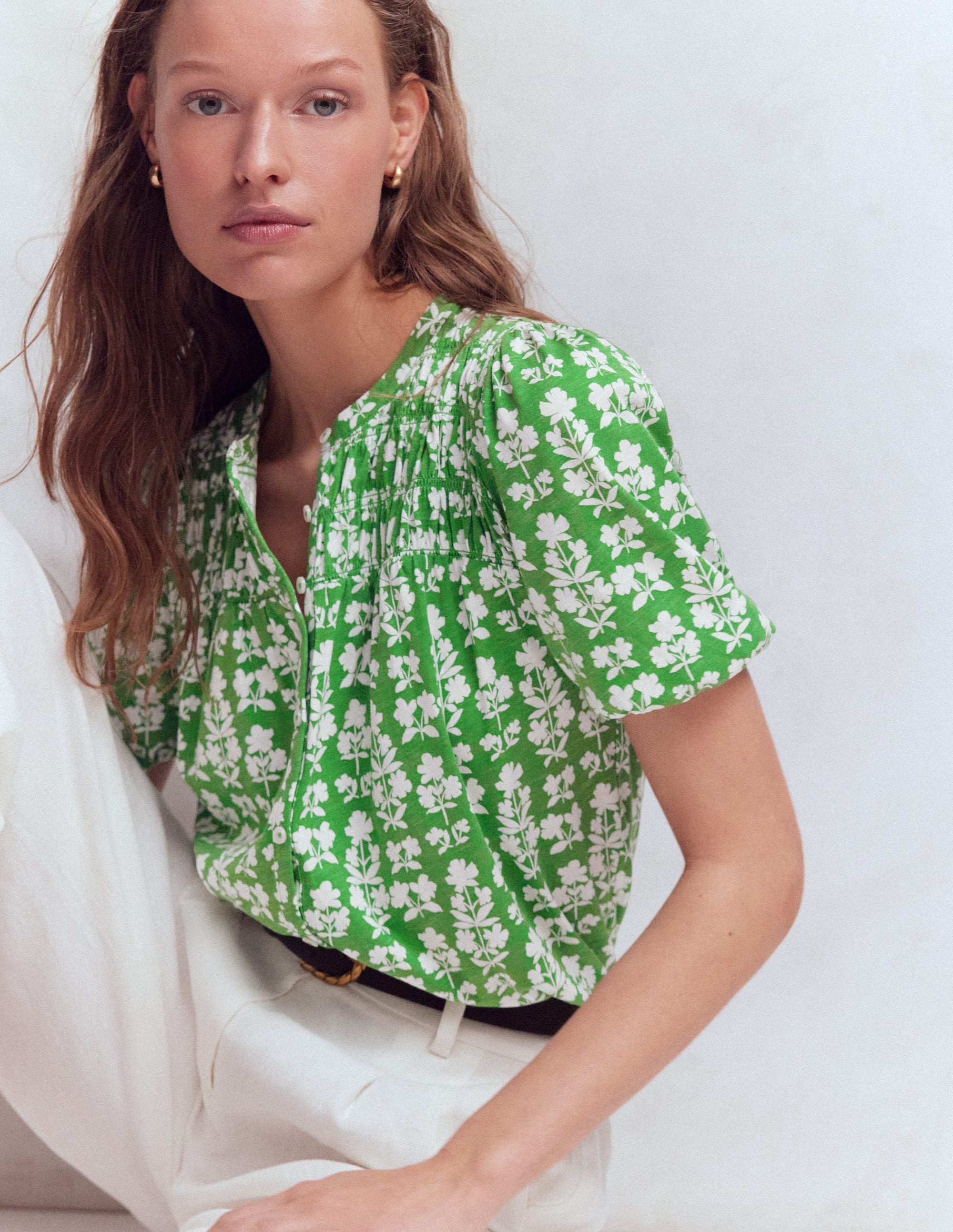 Mya Short Sleeve Smocked Shirt-Mint Green, Blossom grove