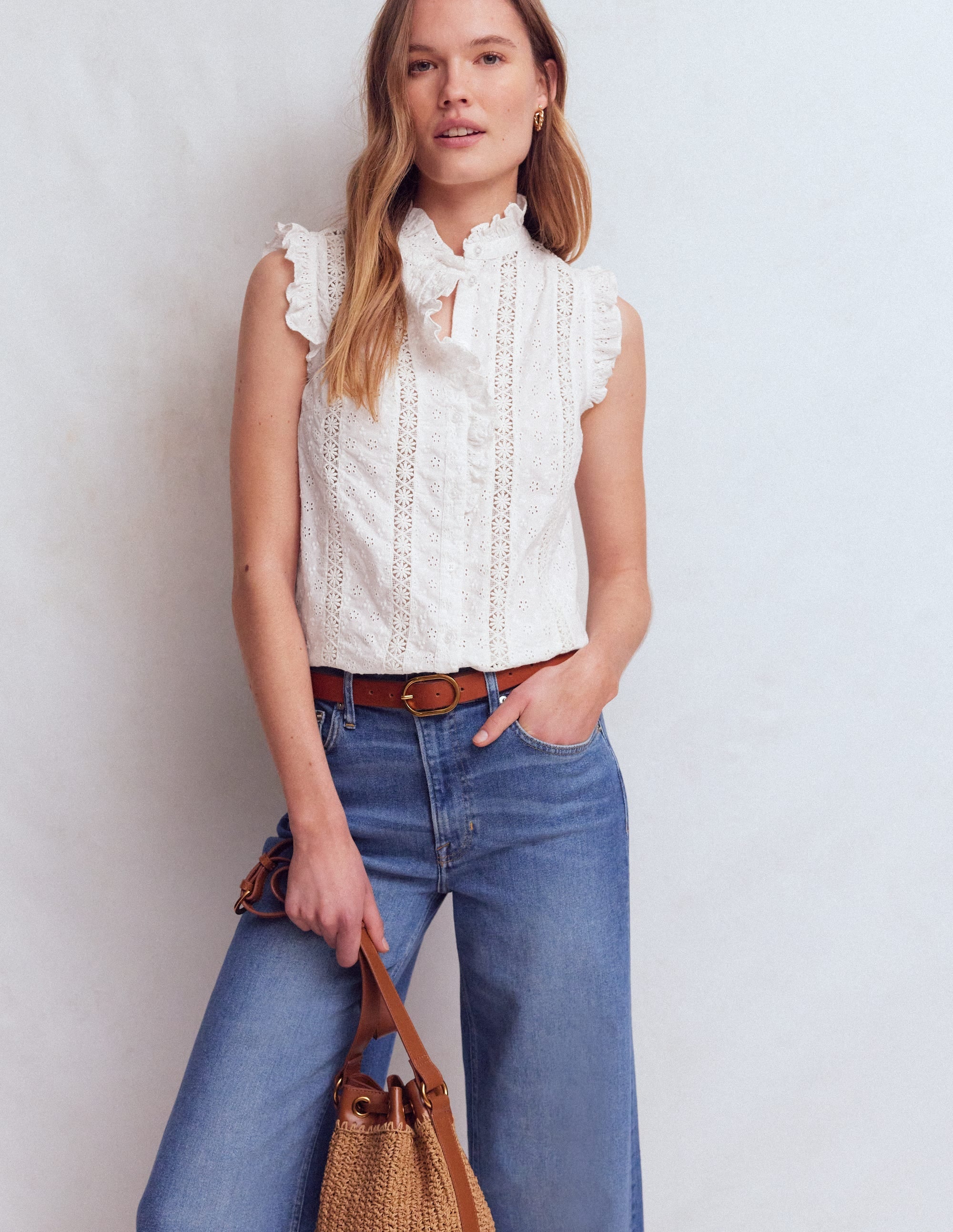 Isabel Sleeveless Broderie Top-White