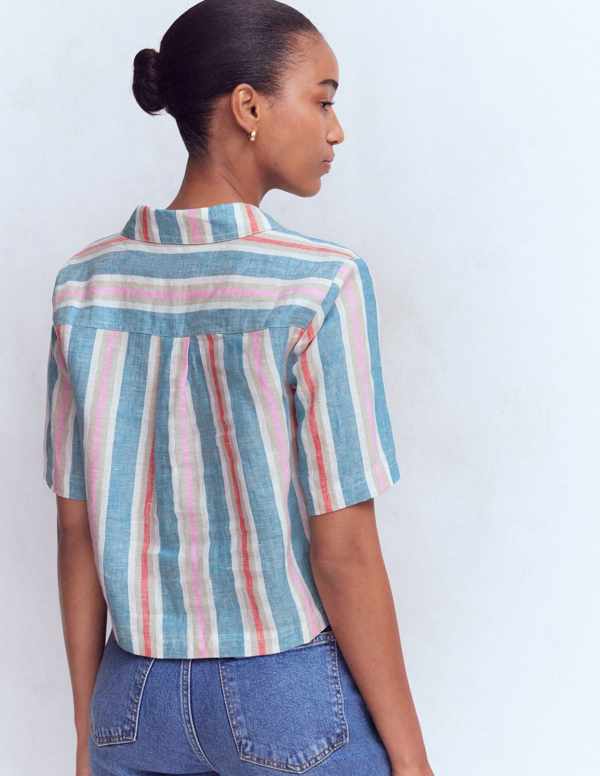 Short Sleeve Linen Shirt-Multi Stripe