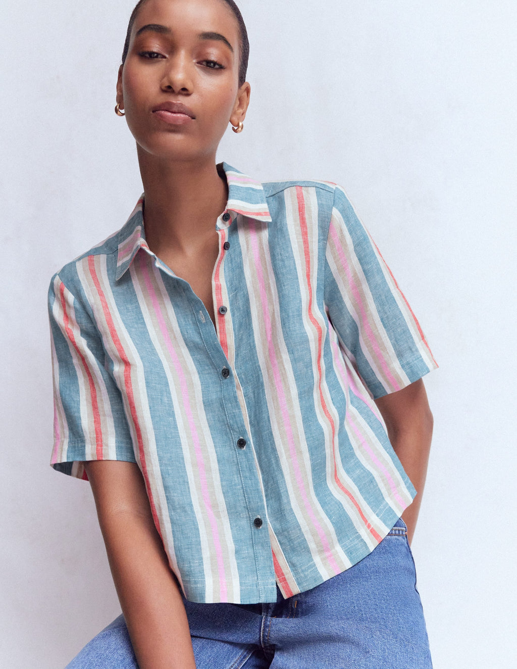 Short Sleeve Linen Shirt-Multi Stripe