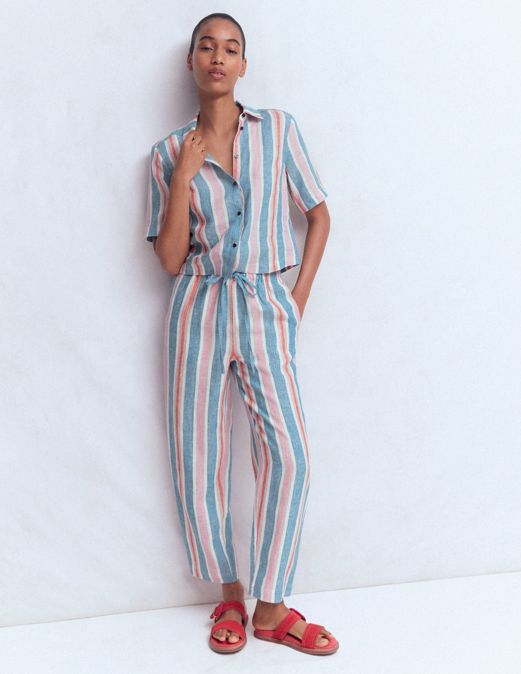 Short Sleeve Linen Shirt-Multi Stripe