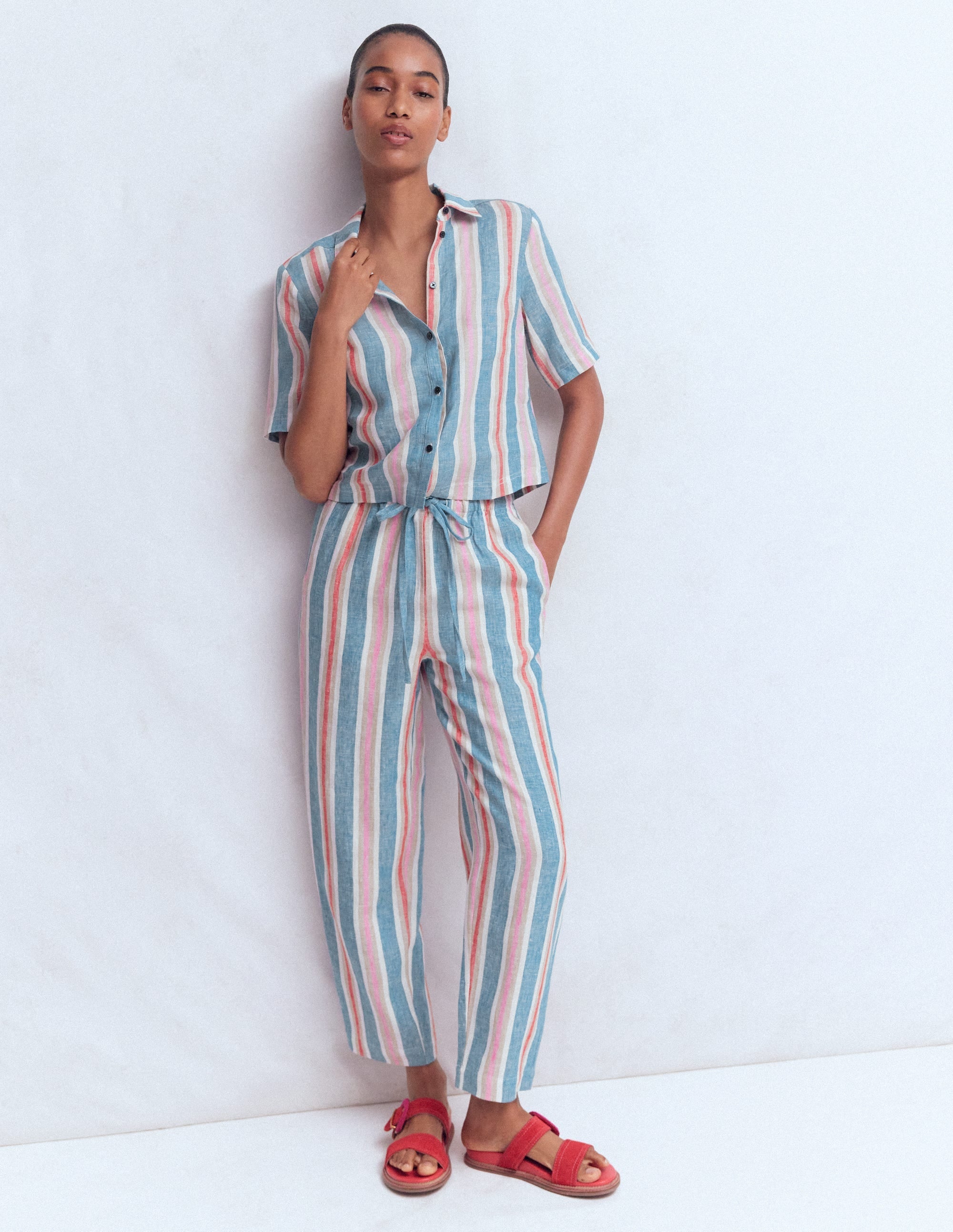Short Sleeve Linen Shirt-Multi Stripe