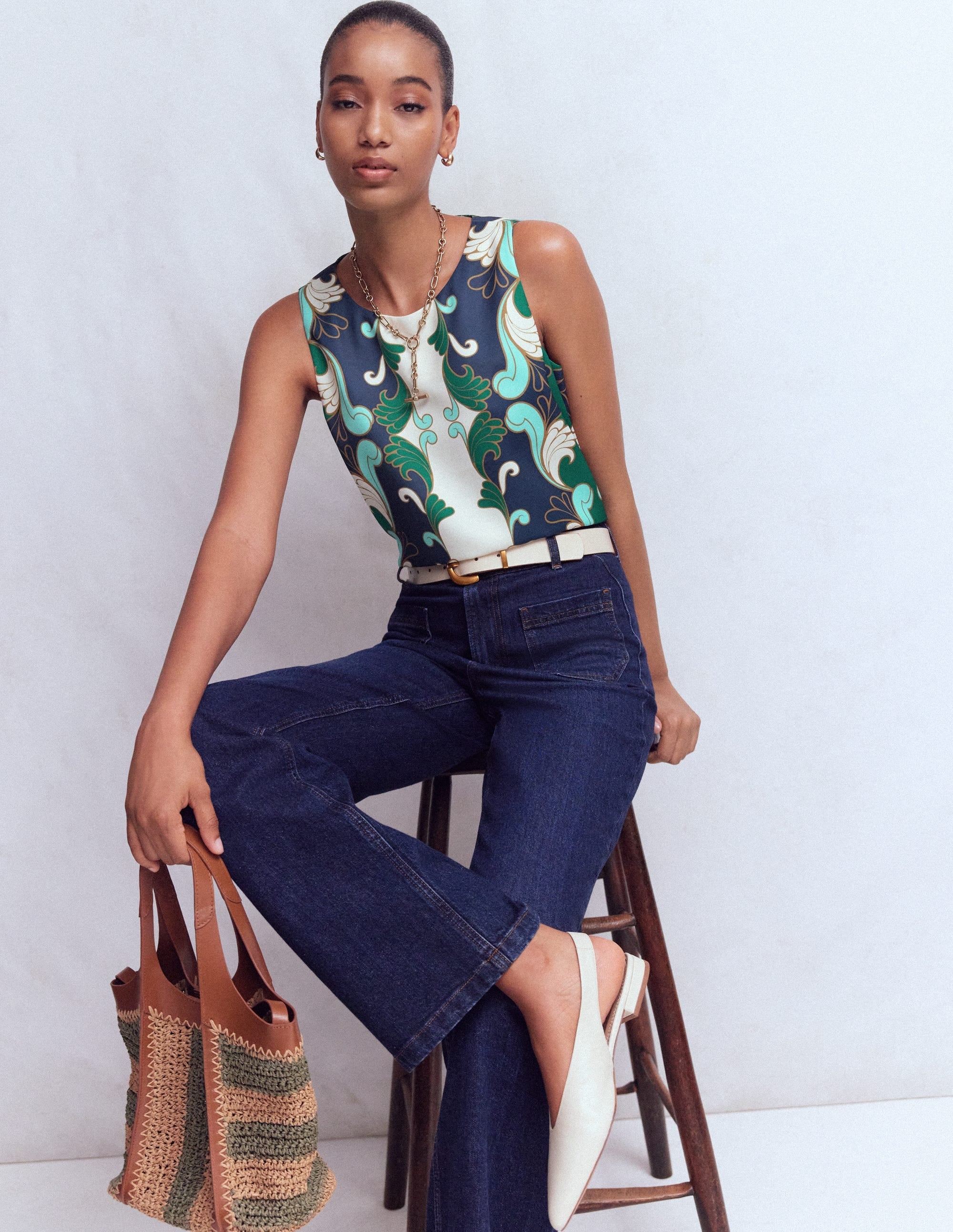 Relaxed Sleeveless Shell Top-Ivory, Foliage Whirl