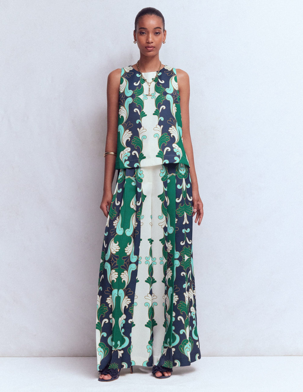 Relaxed Sleeveless Shell Top-Ivory, Foliage Whirl