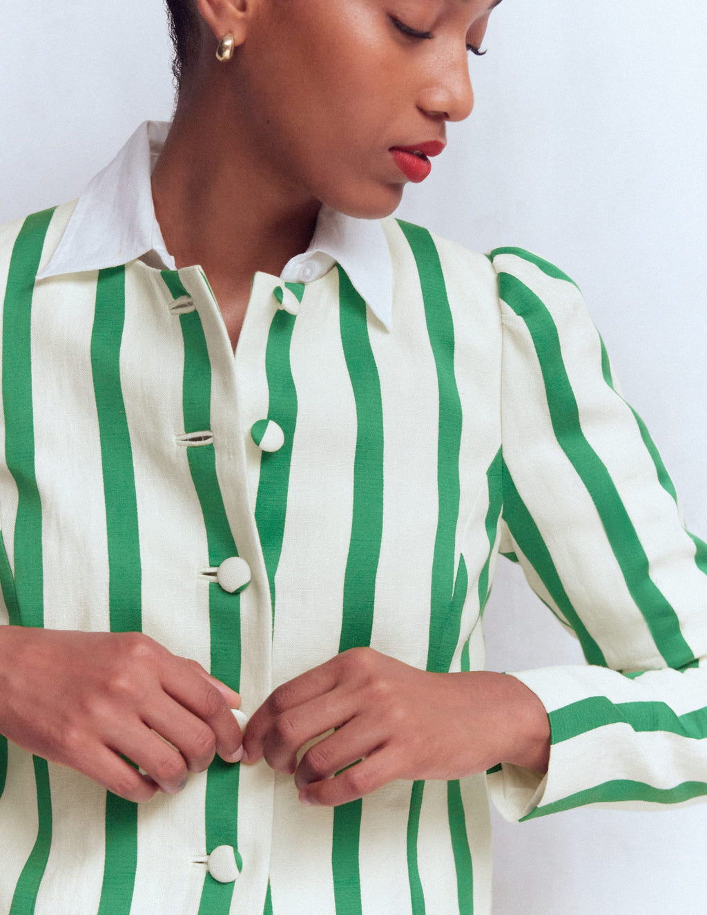 Salisbury Puff Sleeve Jacket-Ivory, Fresh Green Stripe