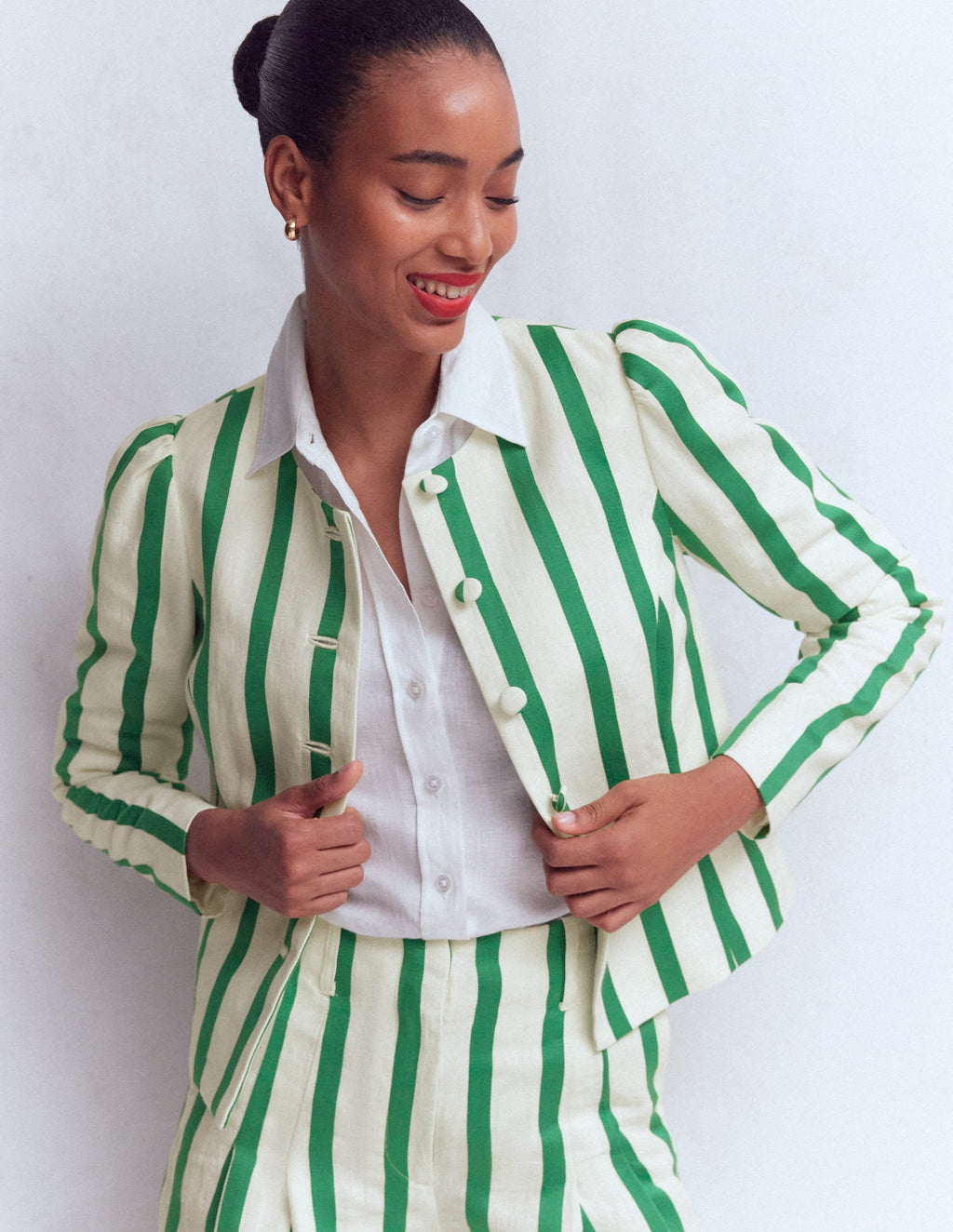 Salisbury Puff Sleeve Jacket-Ivory, Fresh Green Stripe