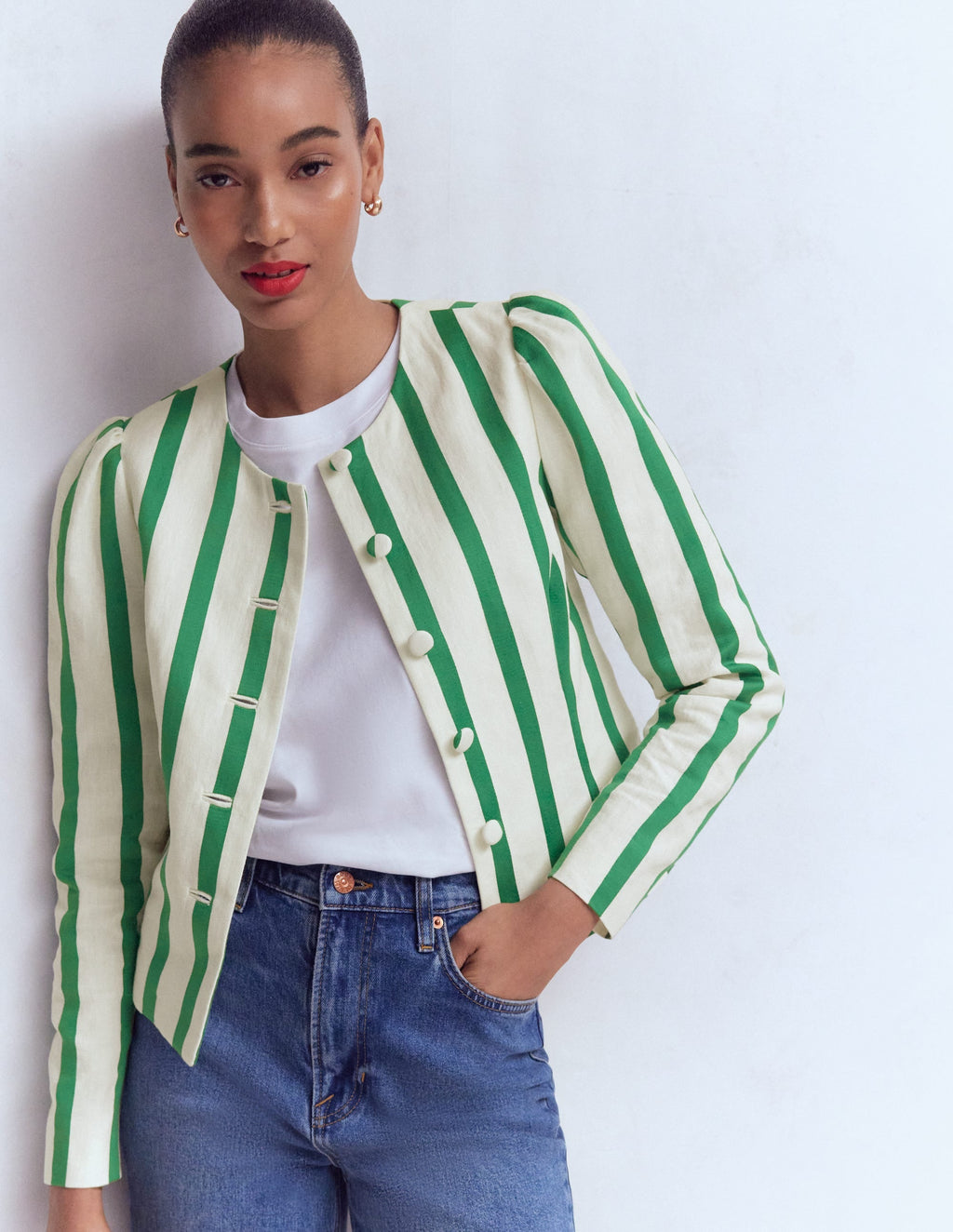 Salisbury Puff Sleeve Jacket-Ivory, Fresh Green Stripe