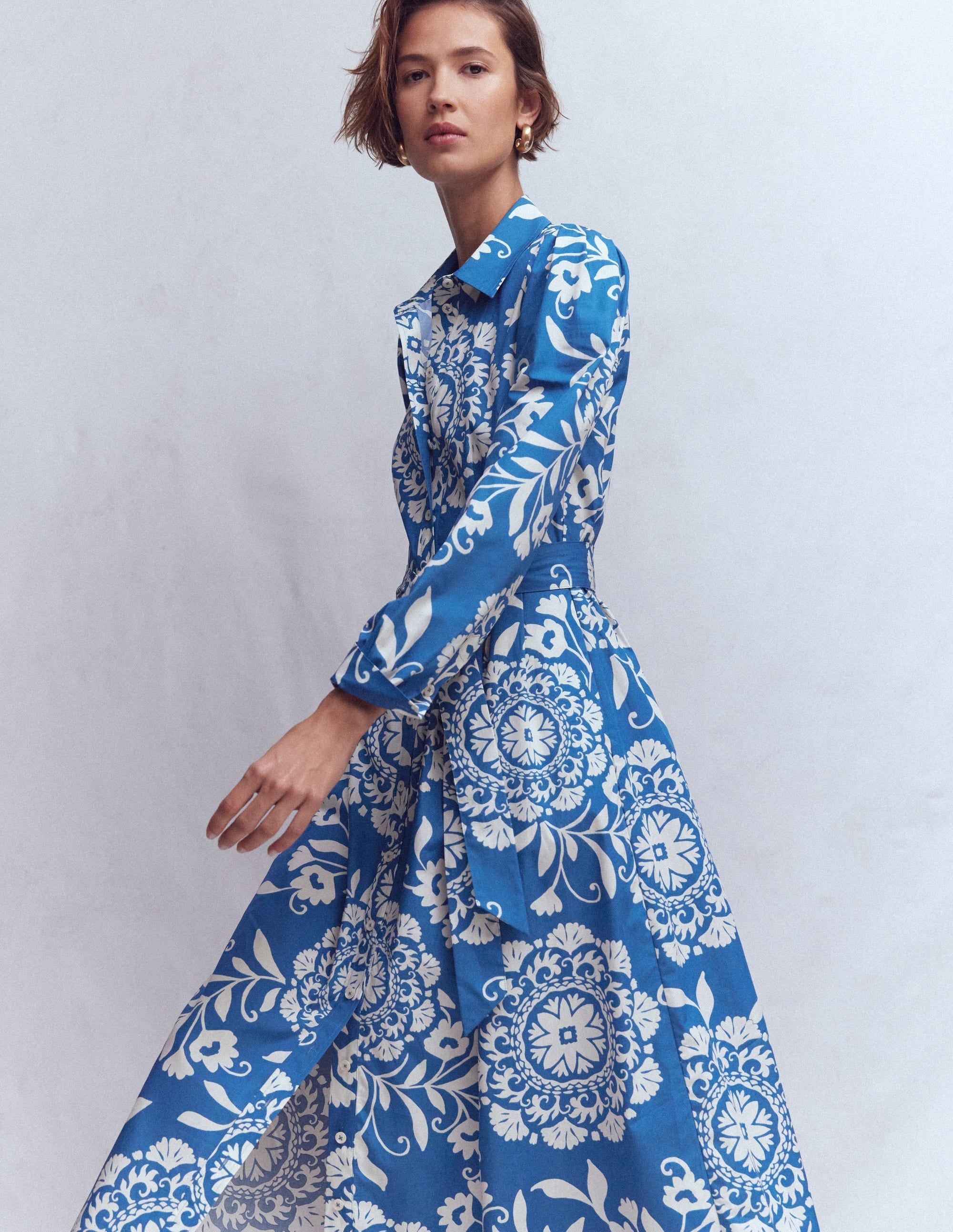 Alexa Cotton Midi Shirt Dress-Blue, Decorative Blossom