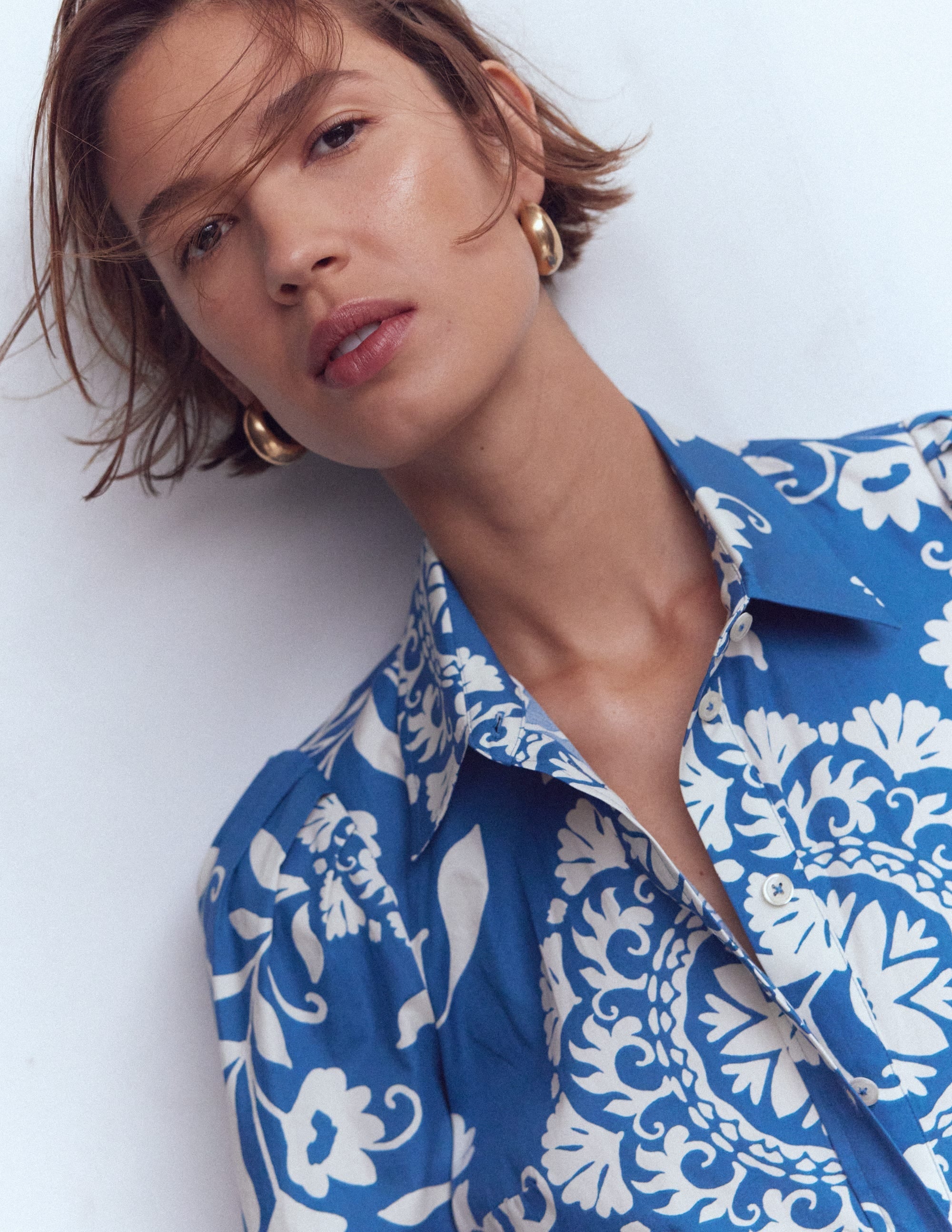 Alexa Cotton Midi Shirt Dress-Blue, Decorative Blossom
