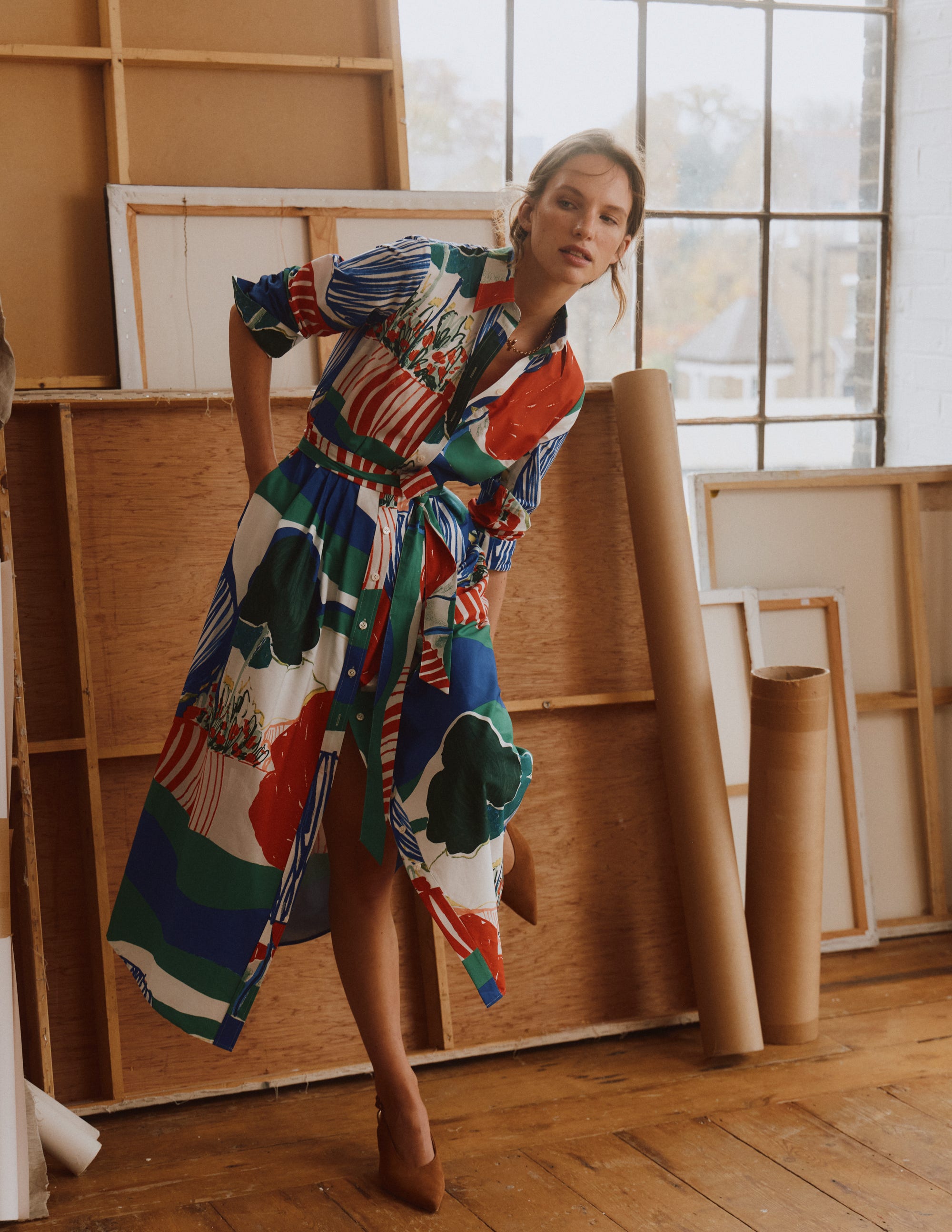 Alexa Cotton Midi Shirt Dress-Multi Abstract Valley