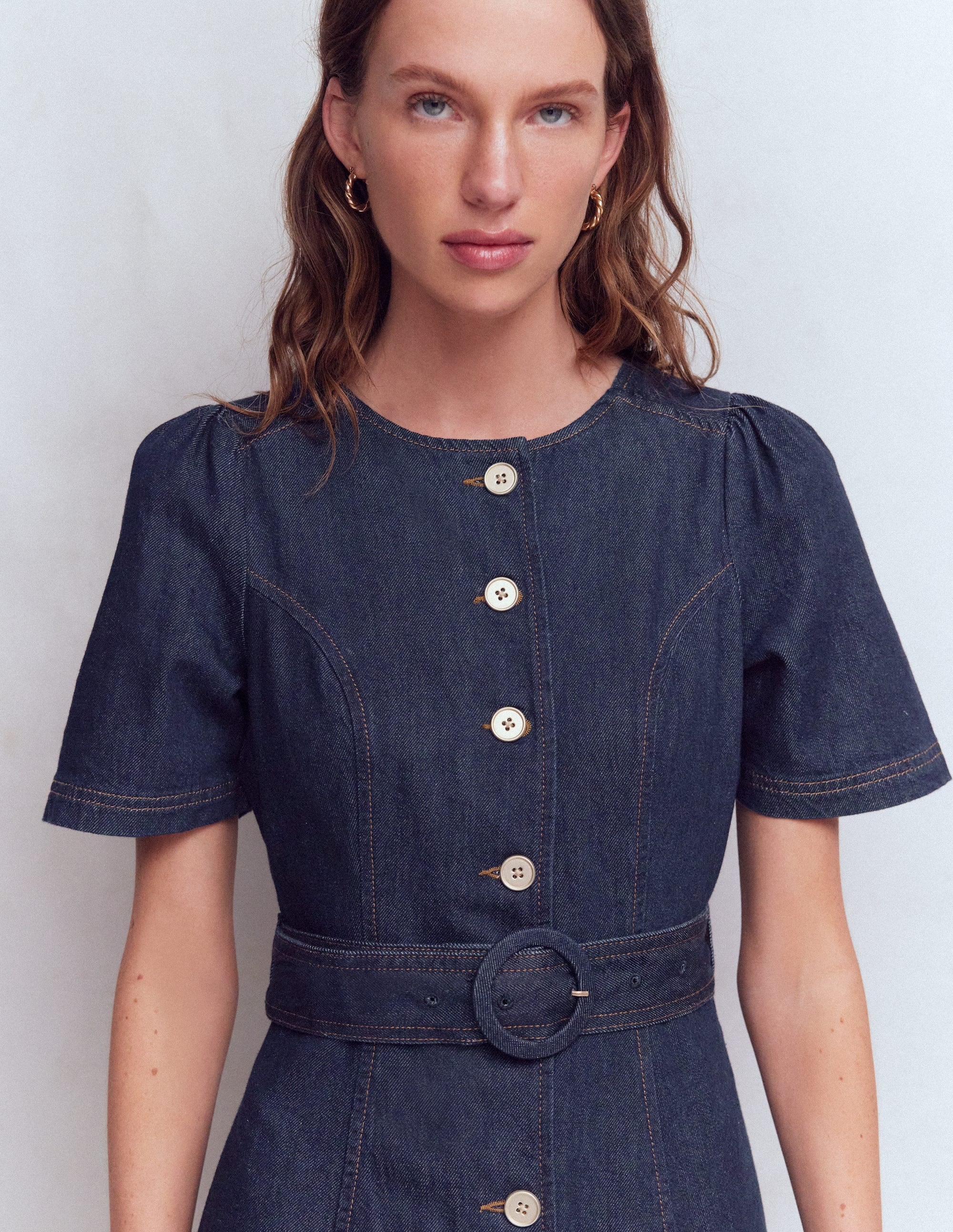 Button Detail Denim Dress-Indigo Wash