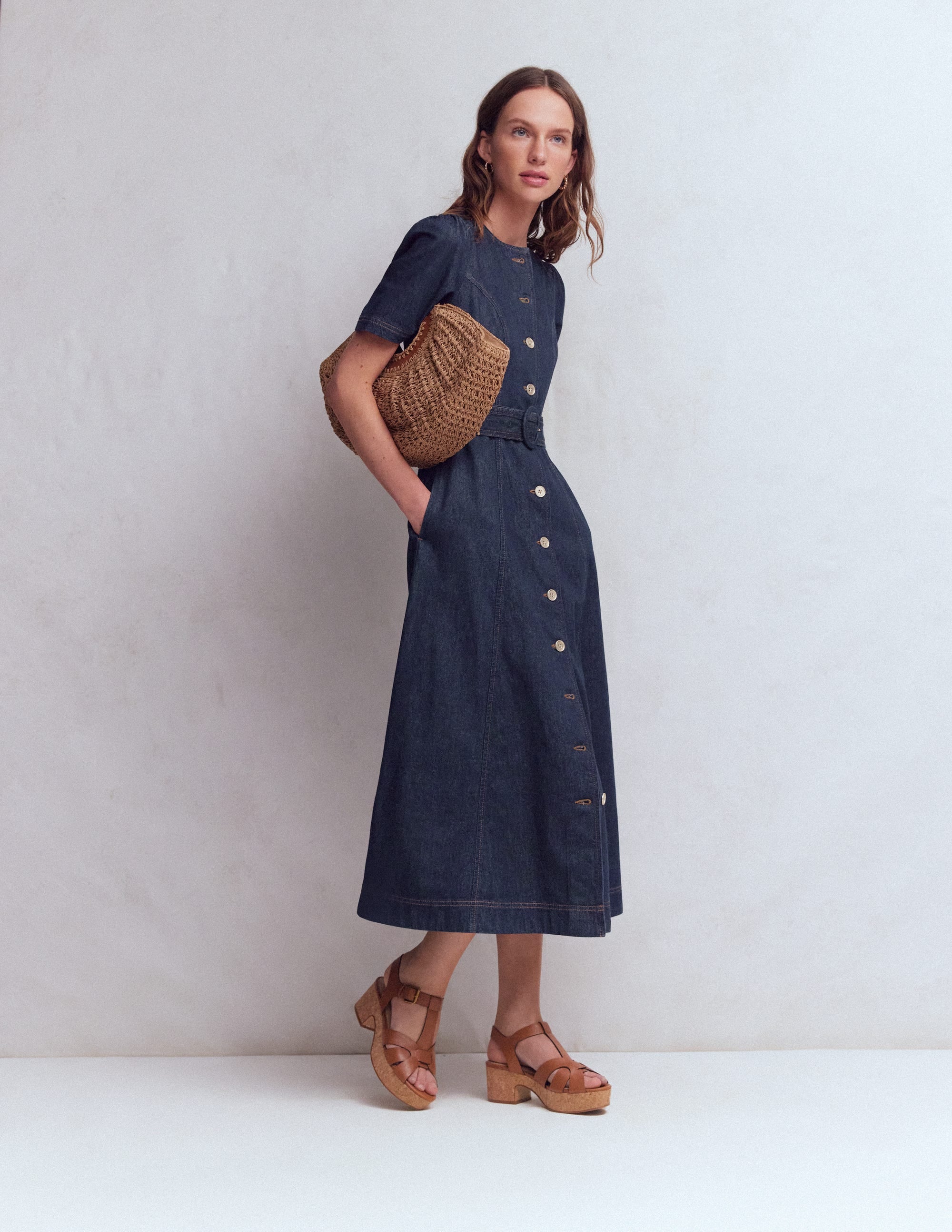 Button Detail Denim Dress-Indigo Wash