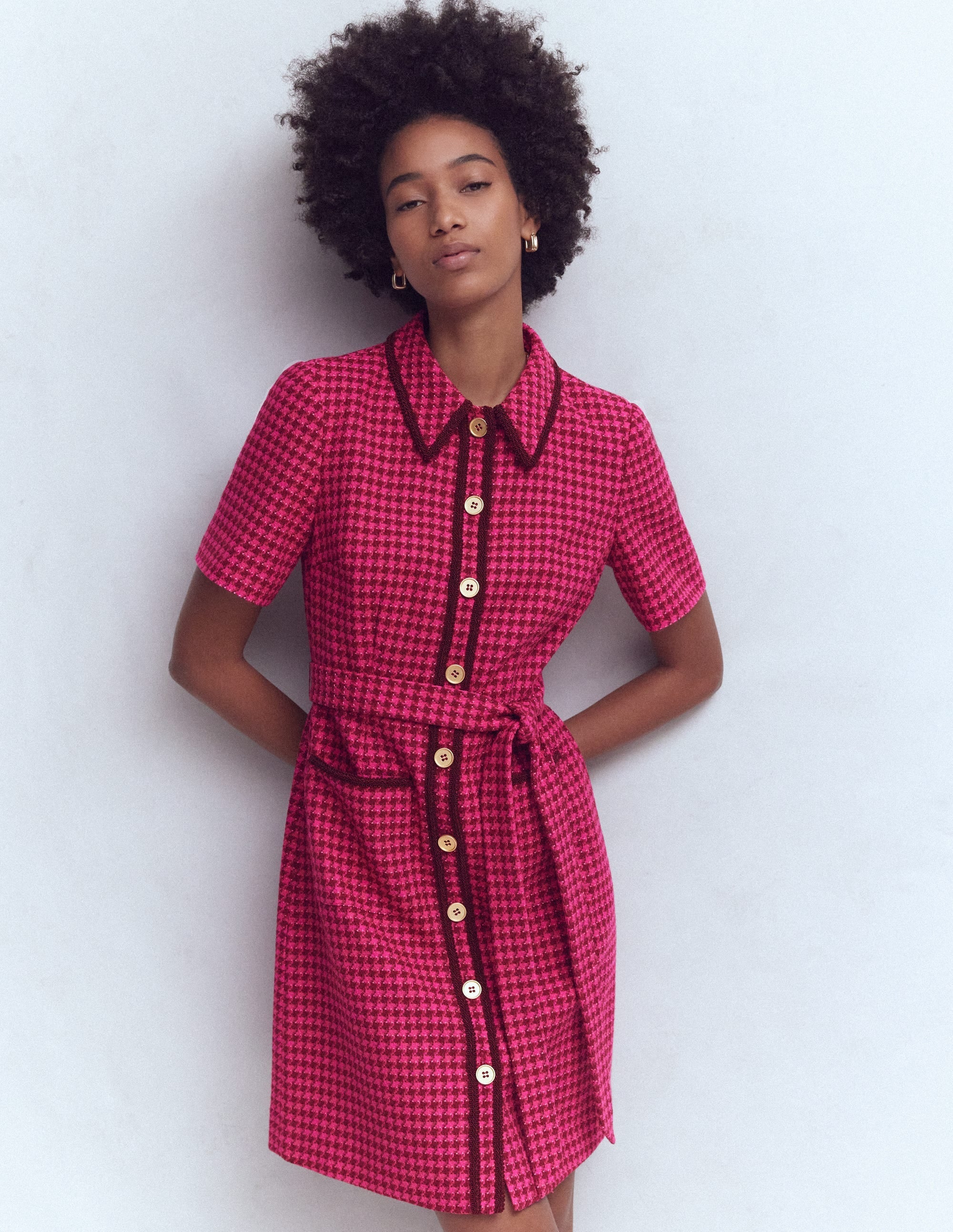 Loren Trim Short Dress-Red & Pink Dogtooth