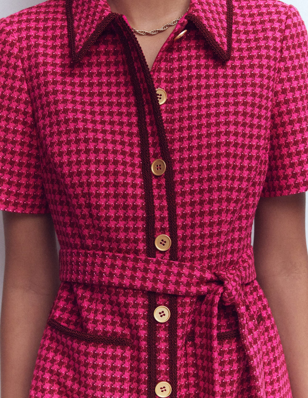 Loren Trim Short Dress-Red & Pink Dogtooth