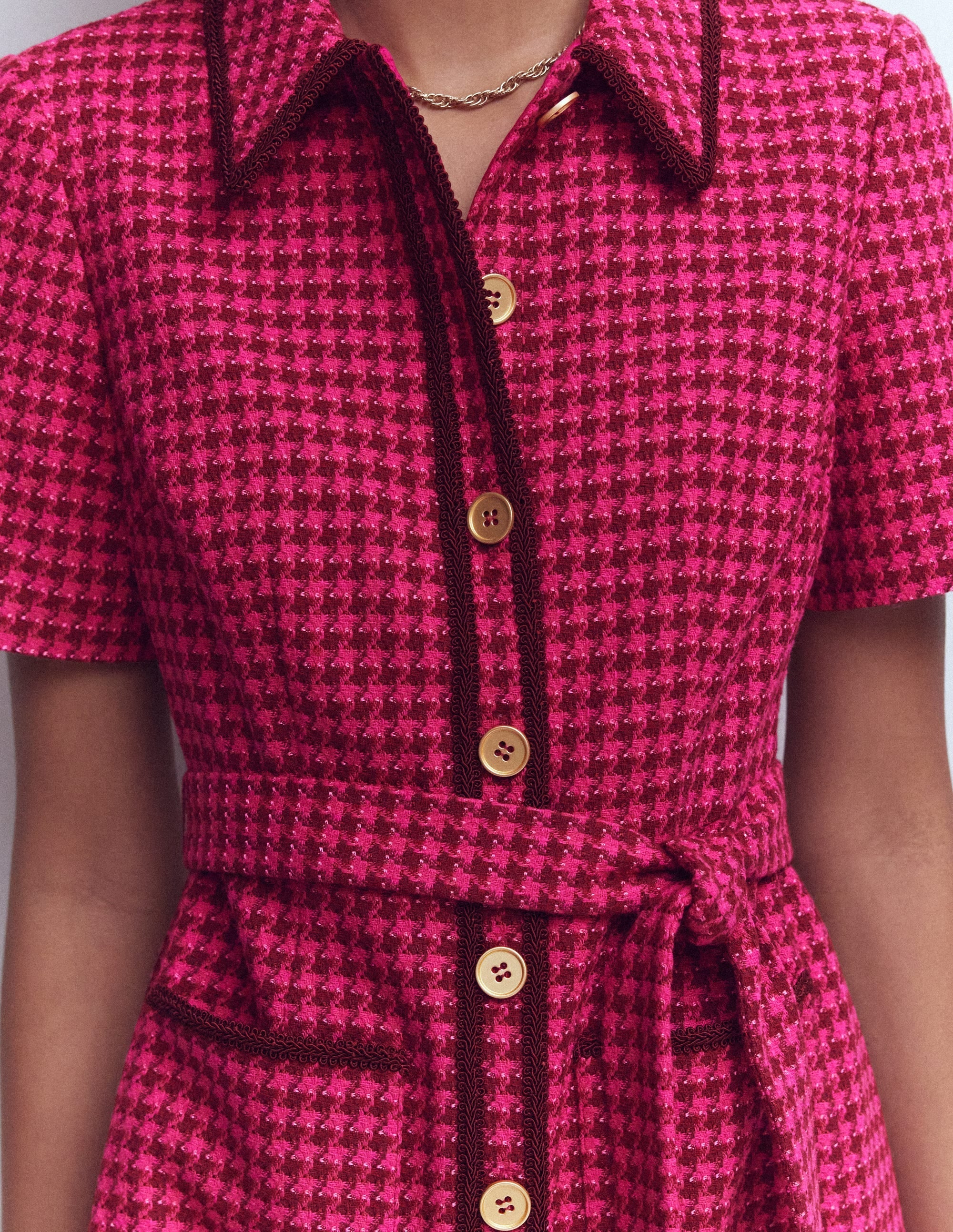 Loren Trim Short Dress-Red & Pink Dogtooth