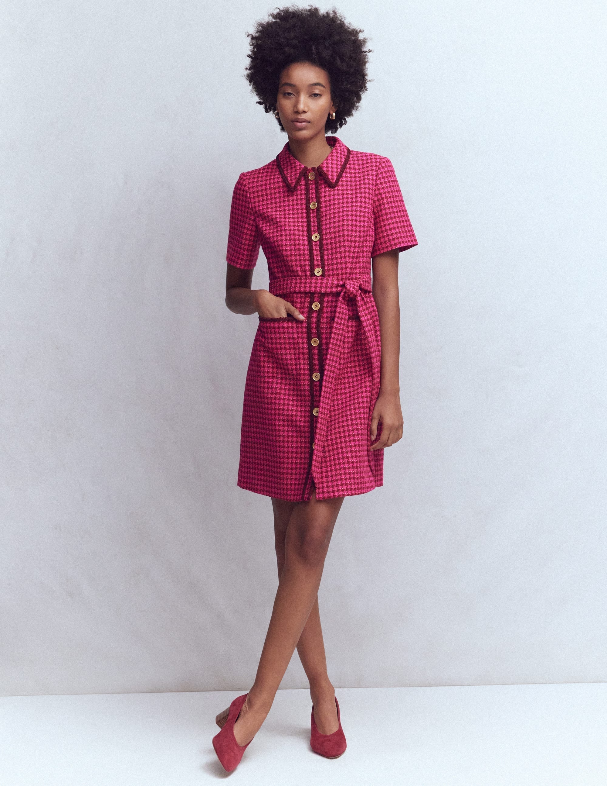 Loren Trim Short Dress-Red & Pink Dogtooth